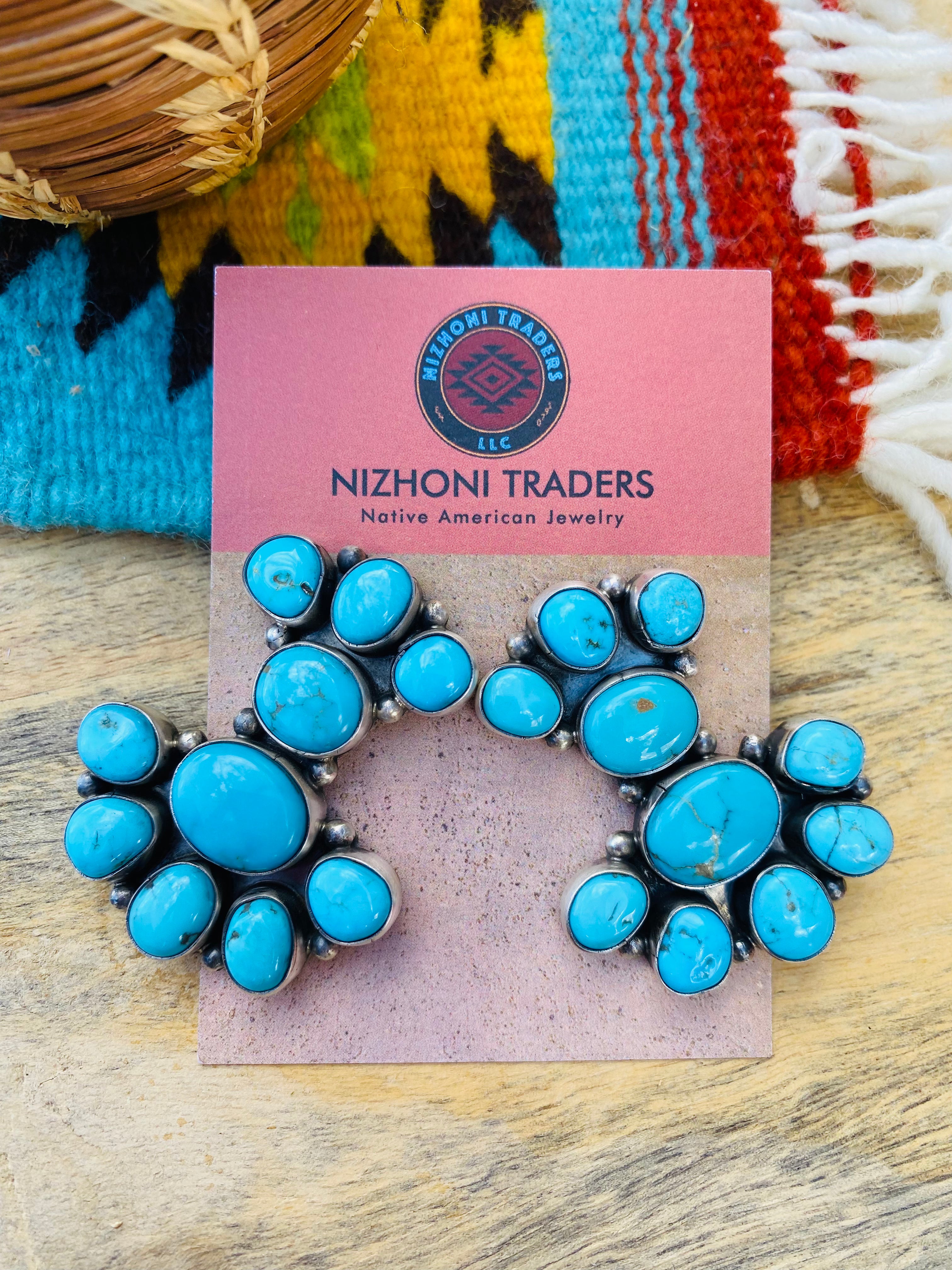 Navajo Sterling Silver & Kingman Turquoise Cluster Earrings