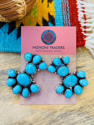 Navajo Sterling Silver & Kingman Turquoise Cluster Earrings