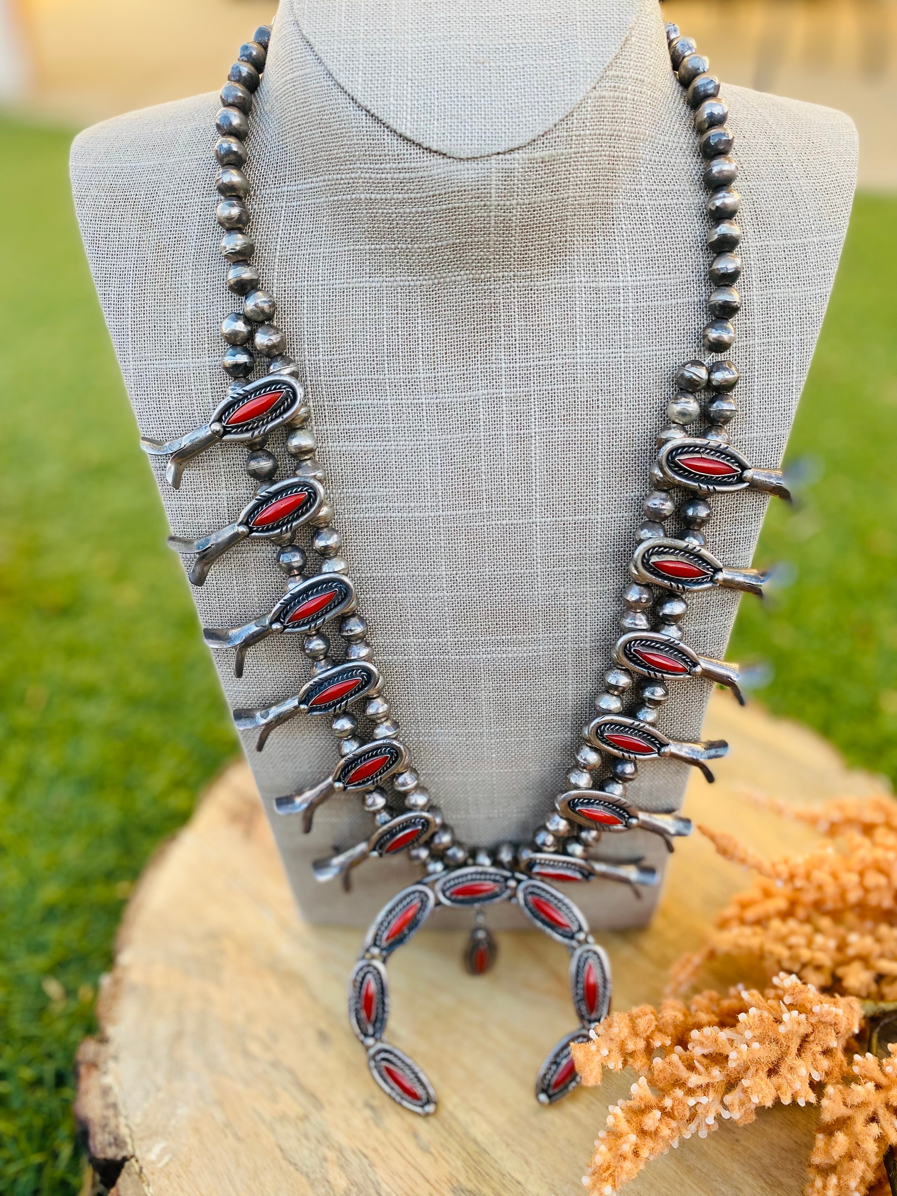 Large Vintage Navajo Battle Mountain Turquise Sterling Silver Squash  Blossom Necklace - PuebloDirect.com