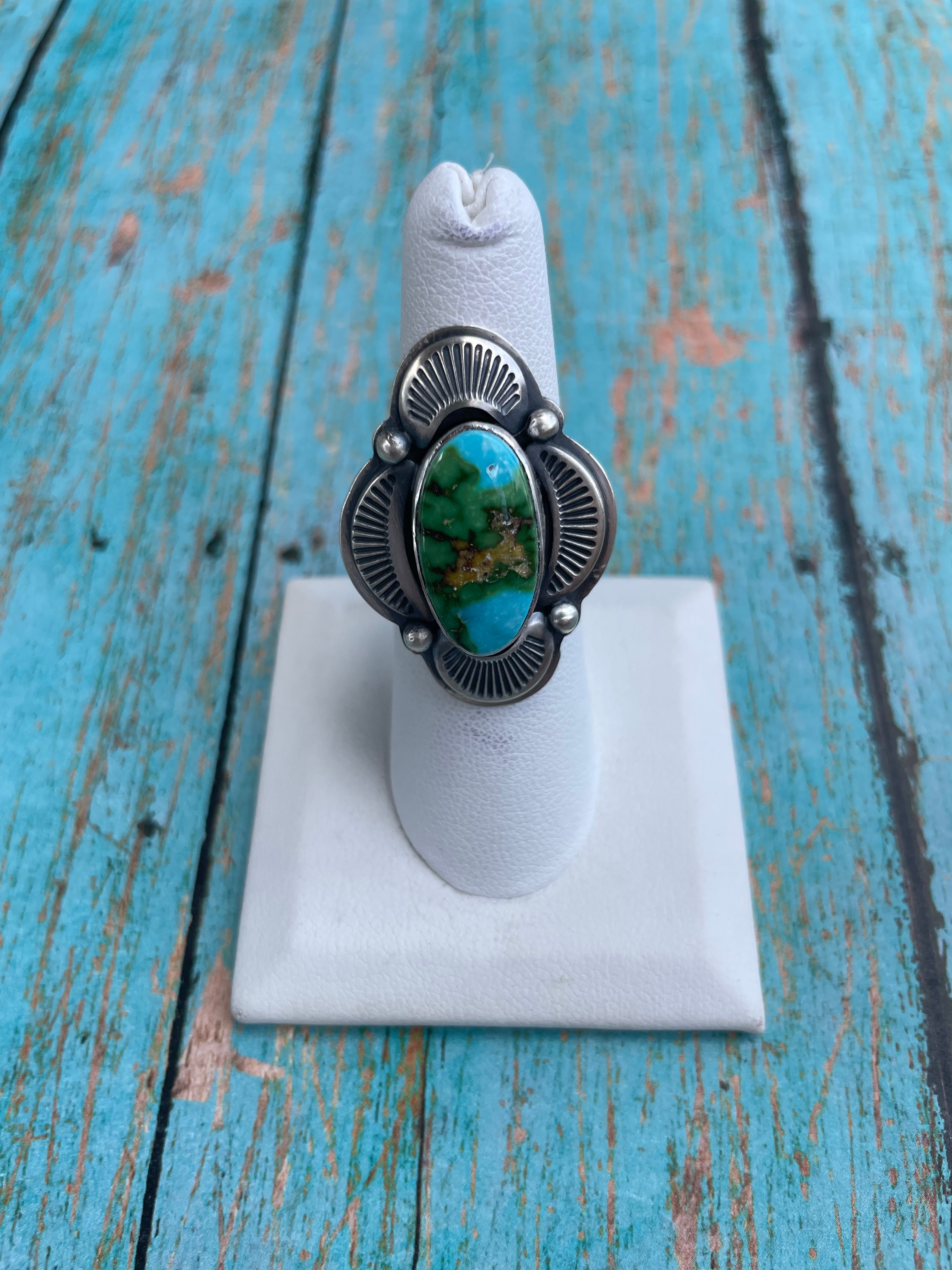 Navajo Sonoran Mountain Turquoise And Sterling Silver Statement Ring Size 7