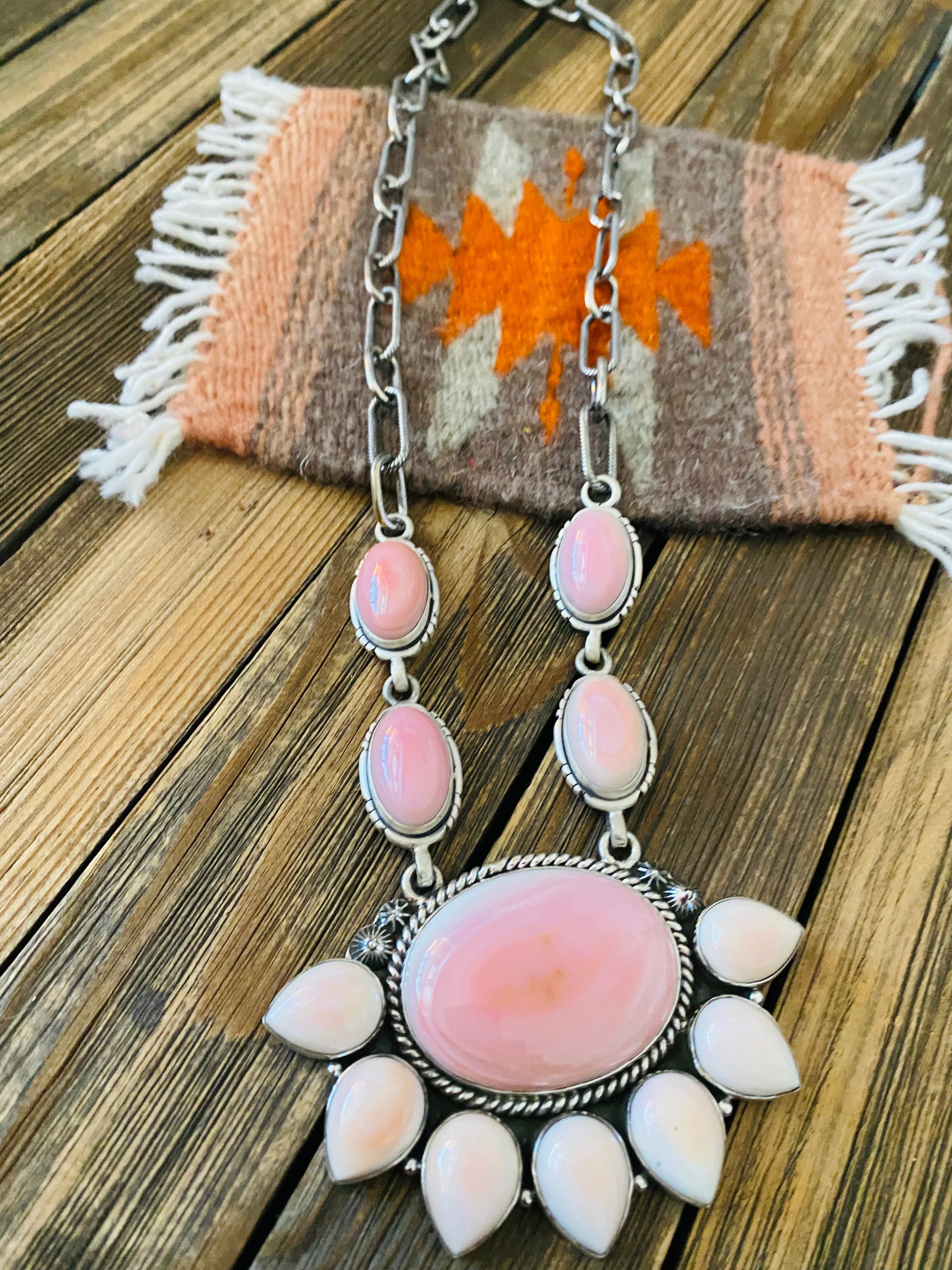 Navajo Queen Pink Conch Shell And Sterling Silver Cluster Necklace