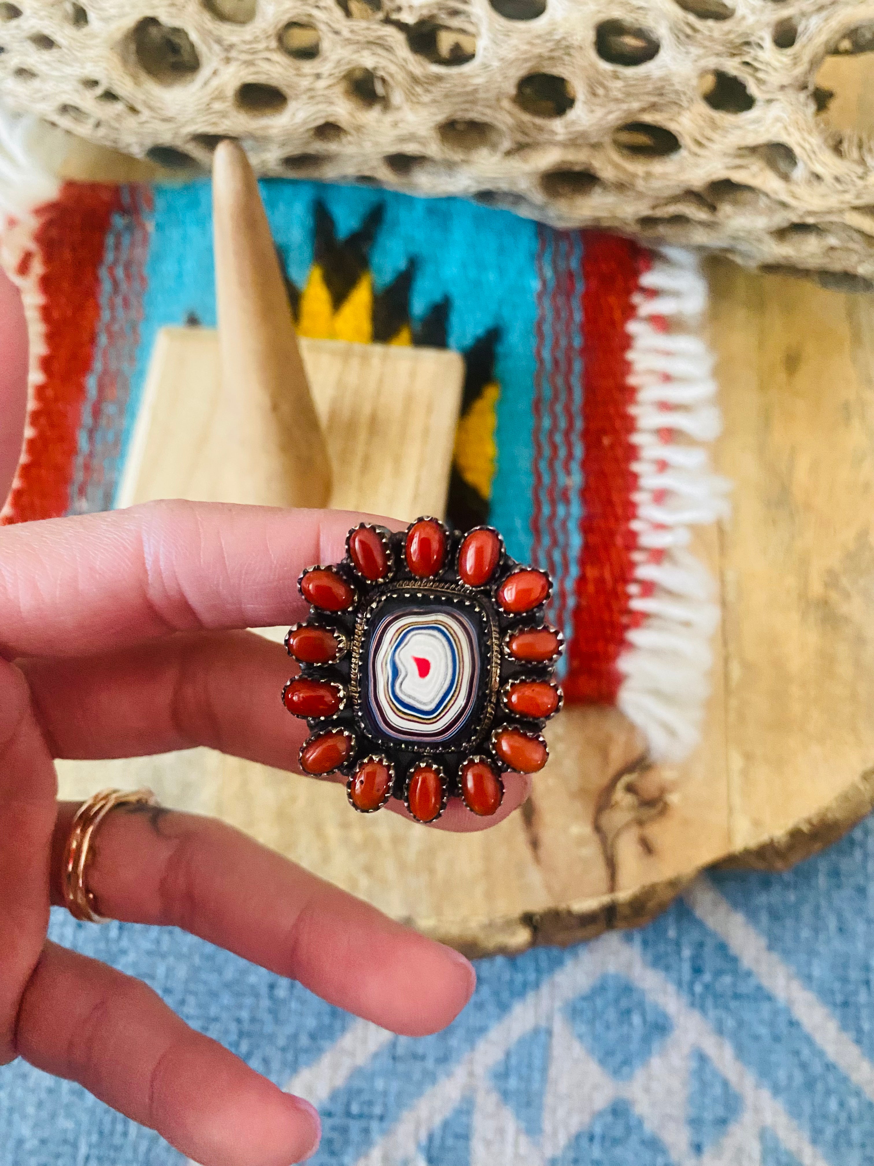 Handmade Sterling Silver, Fordite & Coral Cluster Adjustable Ring