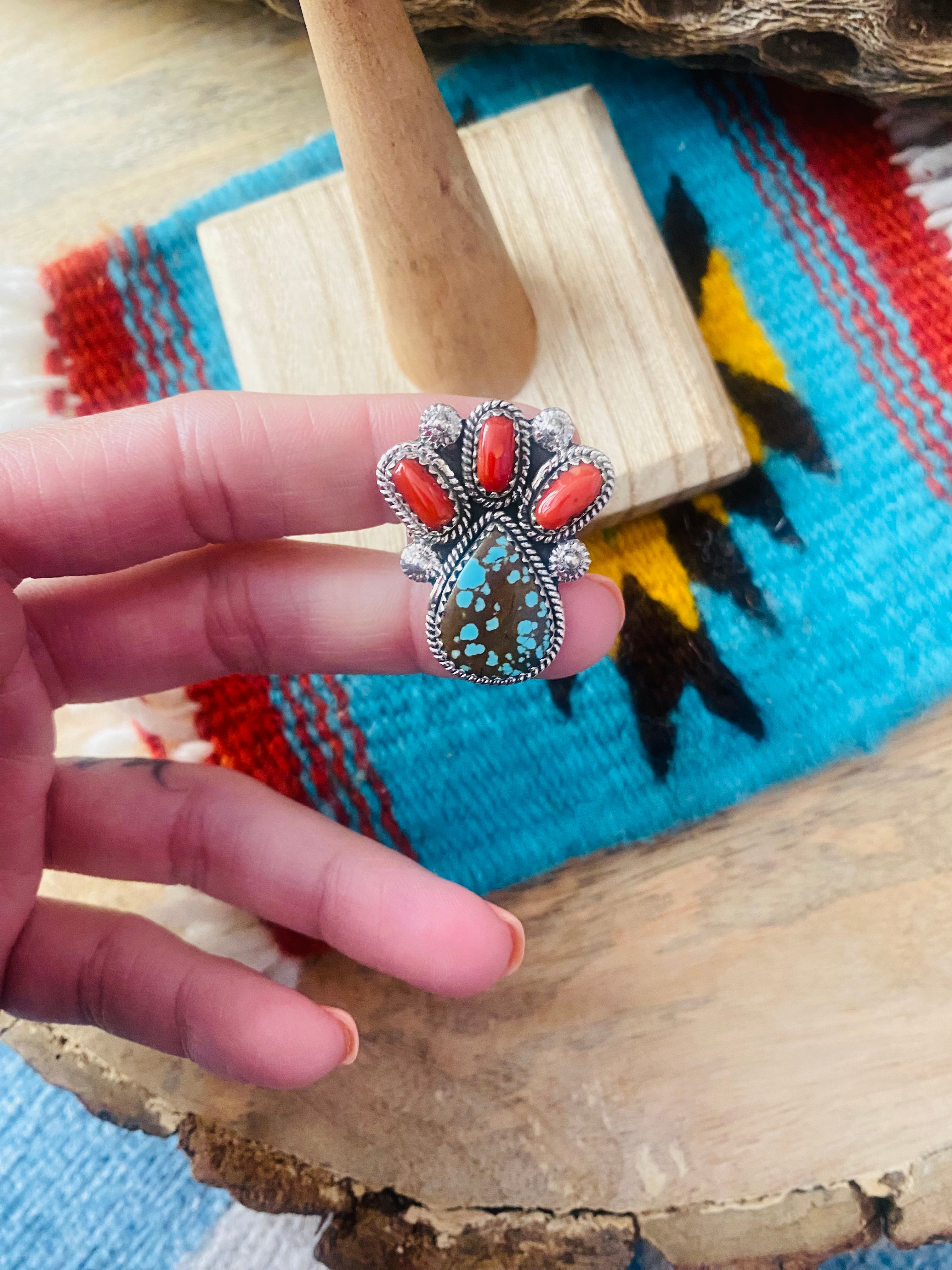 Handmade Sterling Silver, Coral & Number 8 Turquoise Adjustable Ring