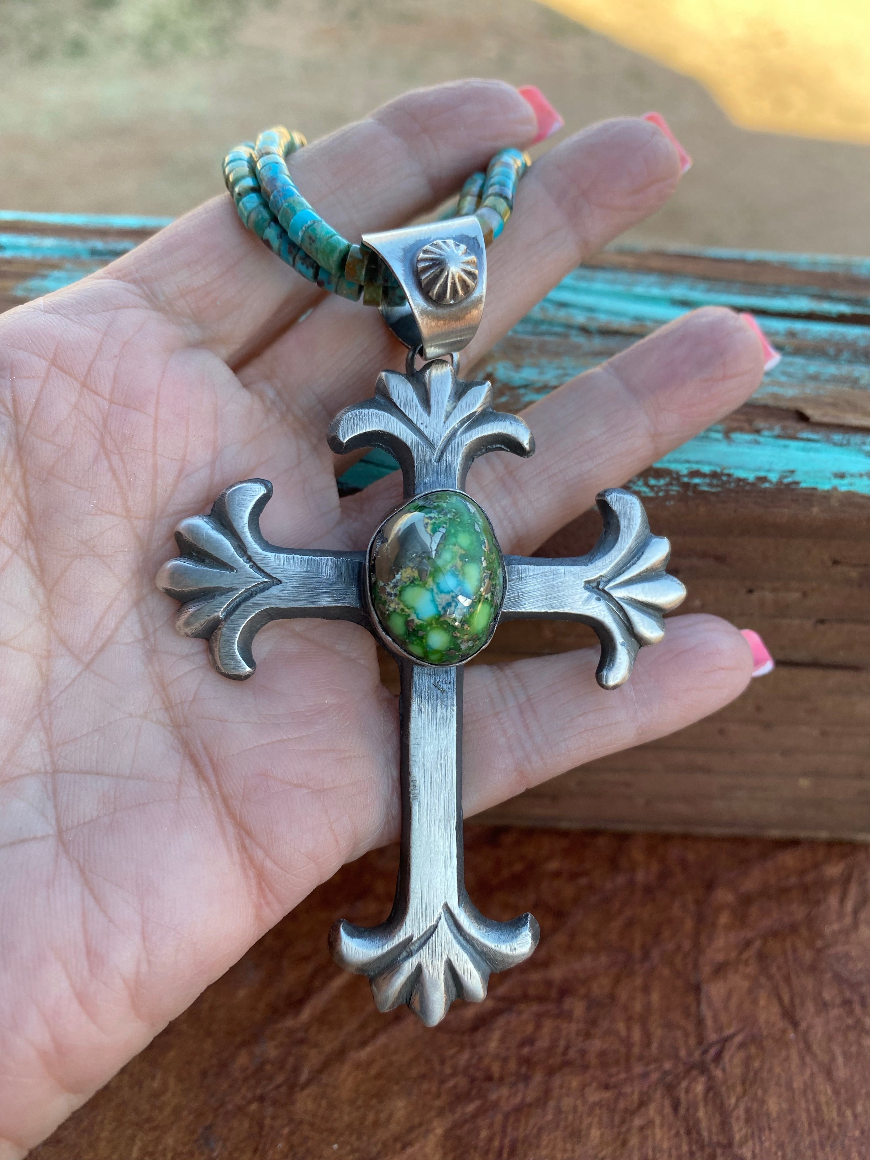 Navajo Sonoran Mountain Turquoise & Sterling Silver Cross Pendant By Chimney Butte