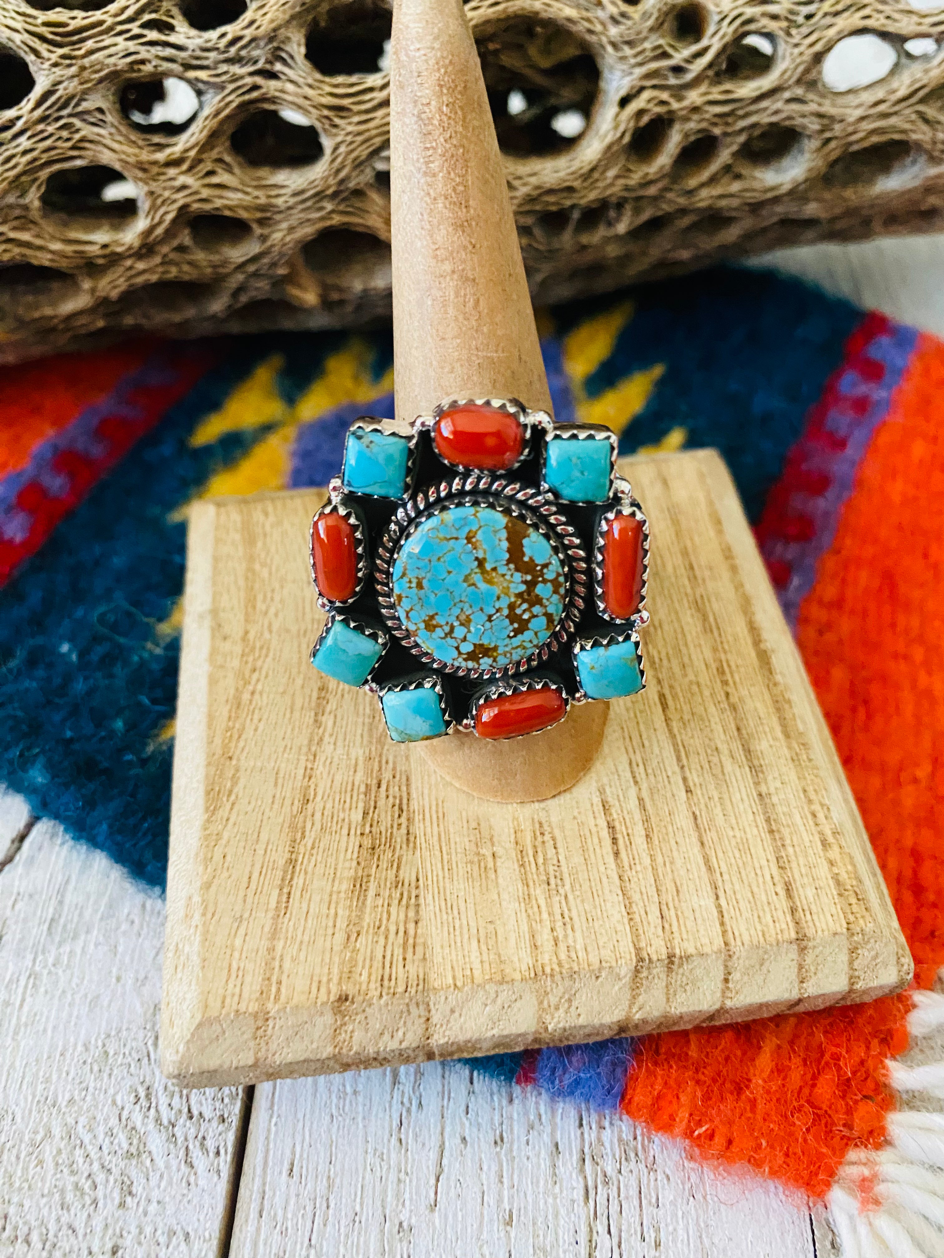 Handmade Sterling Silver, Coral & Number 8 Turquoise Cluster Adjustable Ring