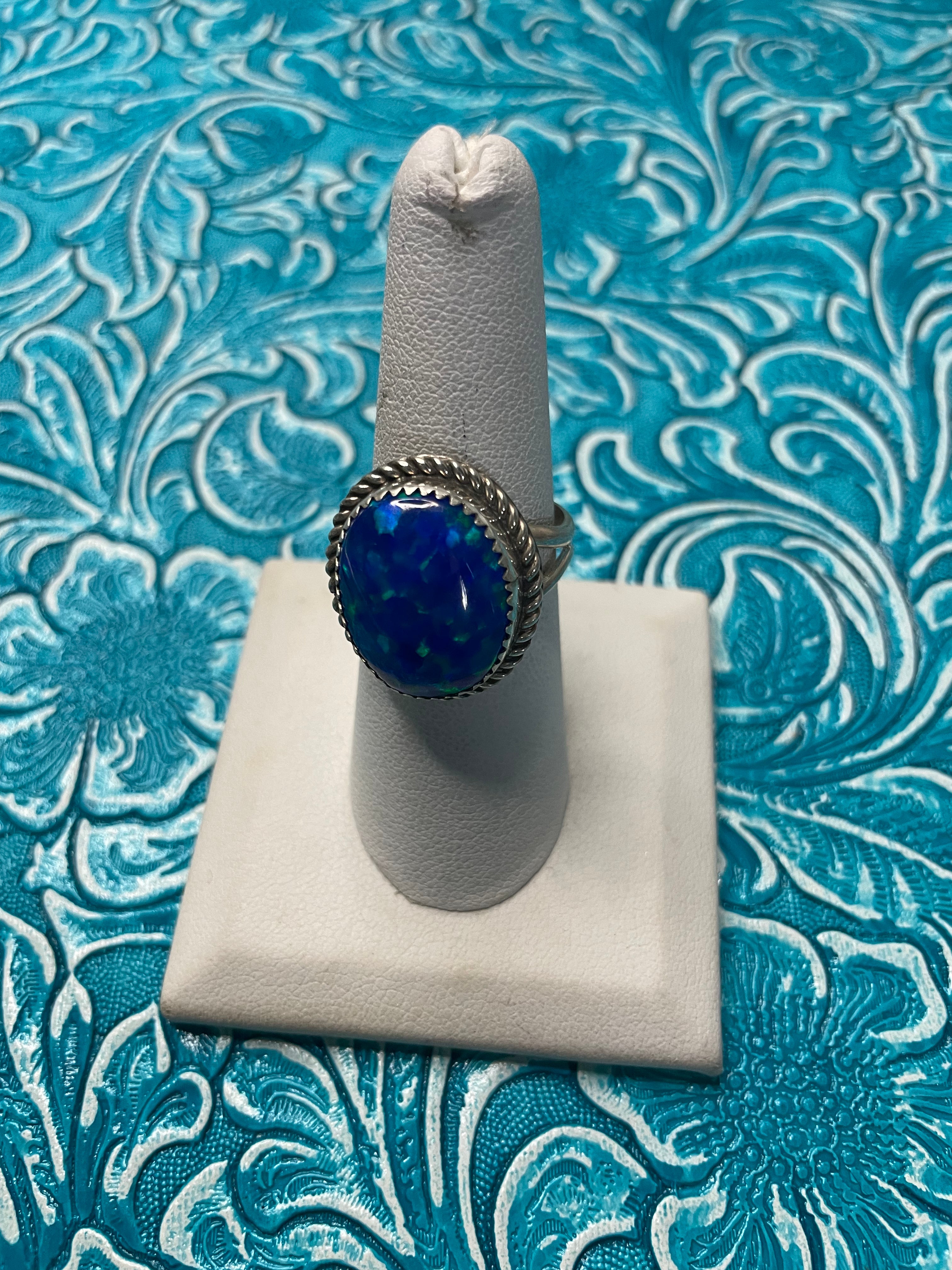 Navajo Man Made Sterling Silver & Blue Opal Ring Signed