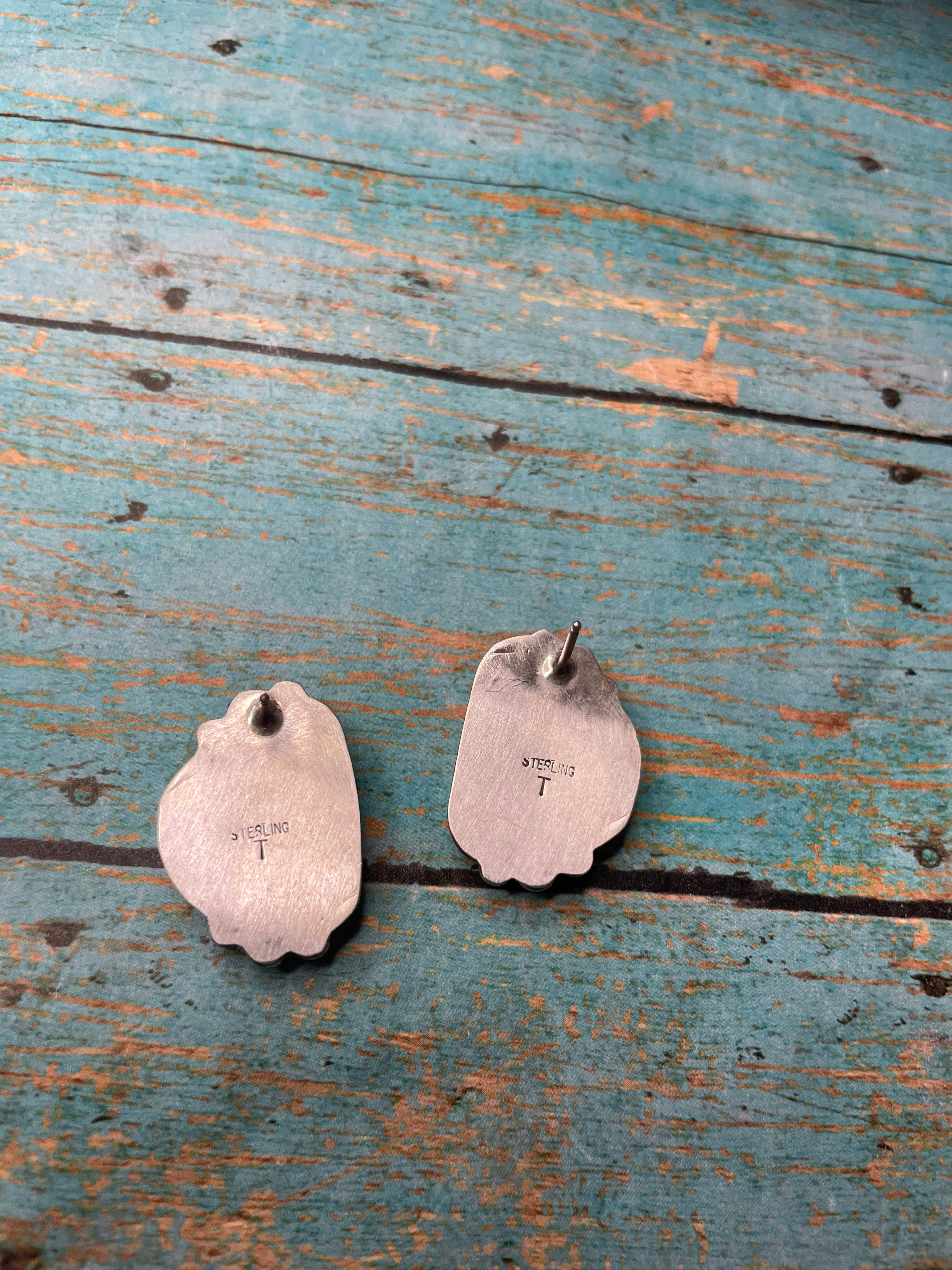 Navajo Apple Coral And Sterling Silver Post Earrings Signed