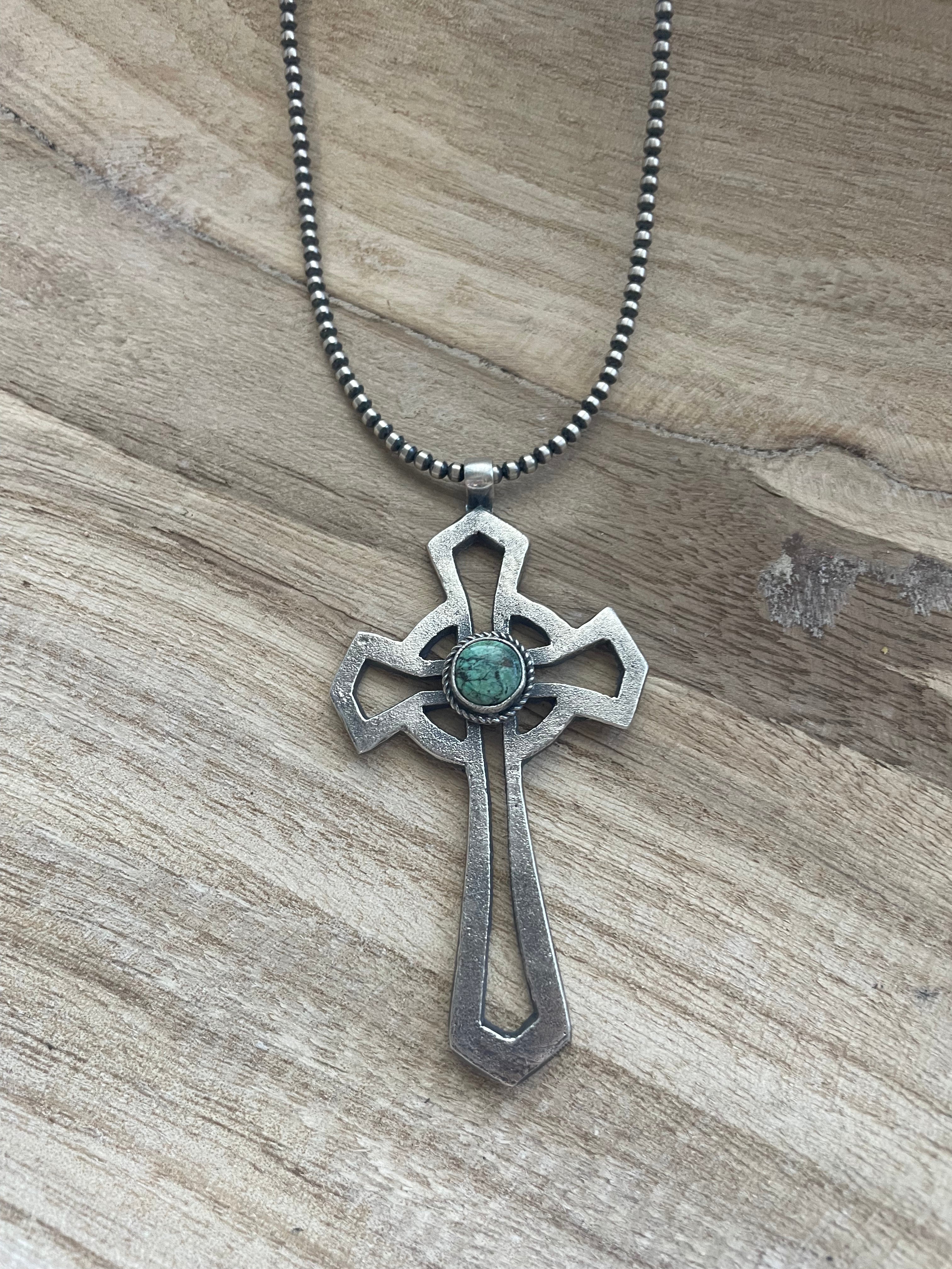 Navajo Sterling Silver & Turquoise Cross Pendant Signed Eugene Mitchell