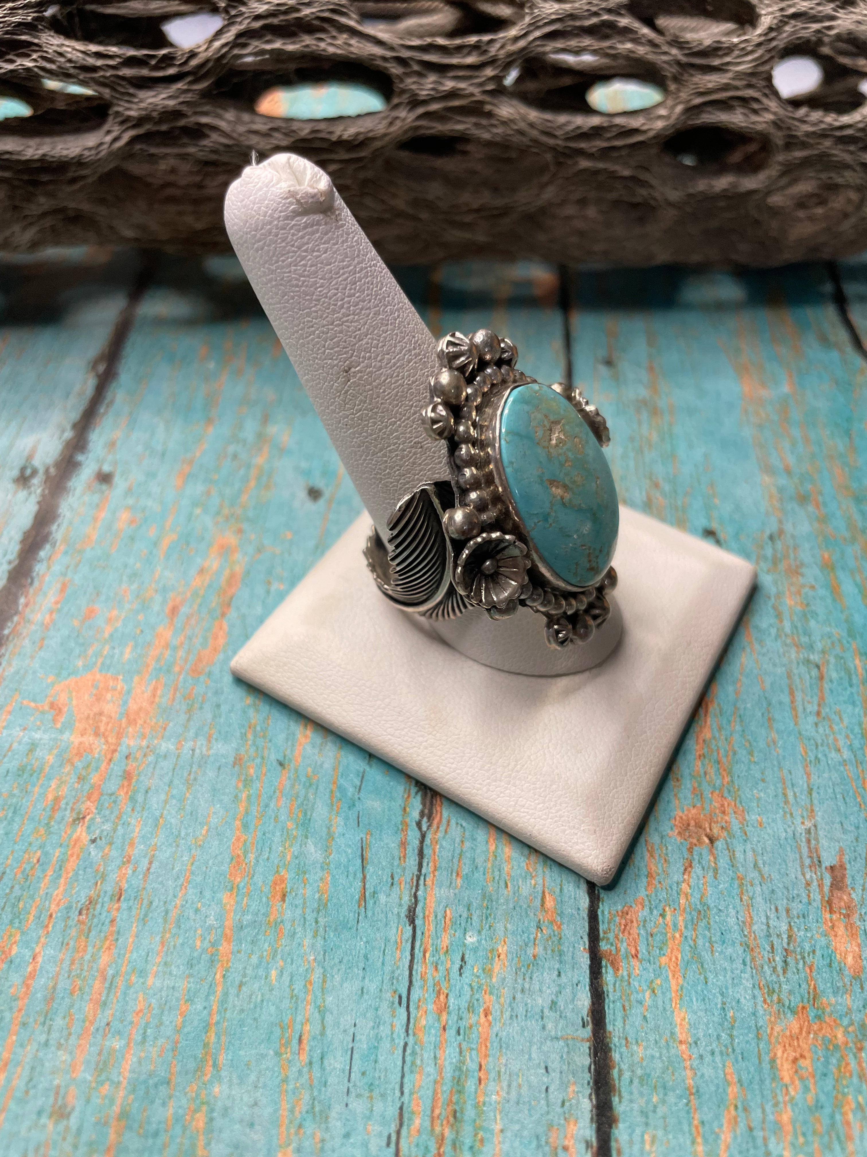 Old Pawn Navajo Sterling Silver & Turquoise Ring Size Adjustable