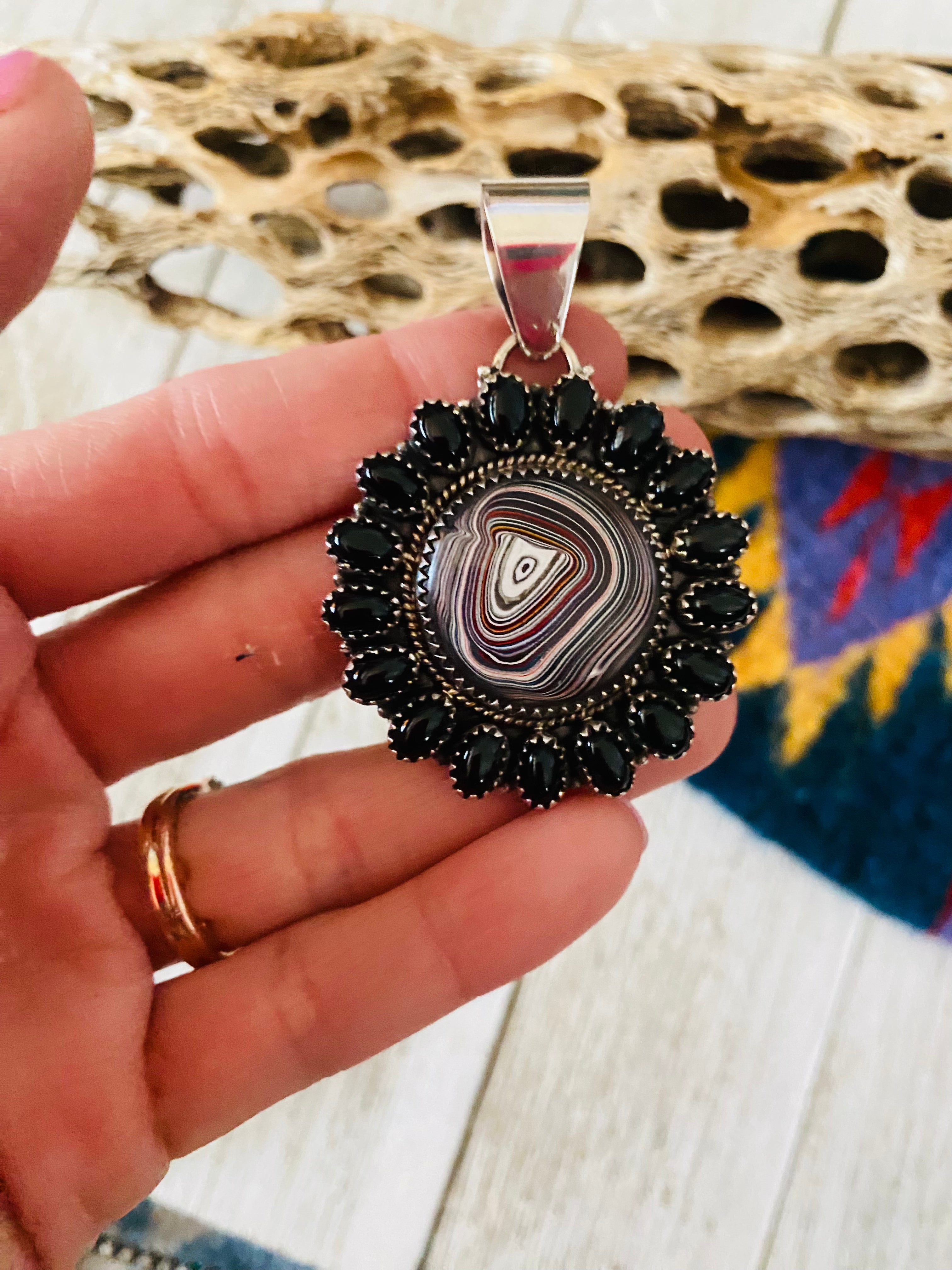 Handmade Sterling Silver, Fordite & Onyx Cluster Pendant