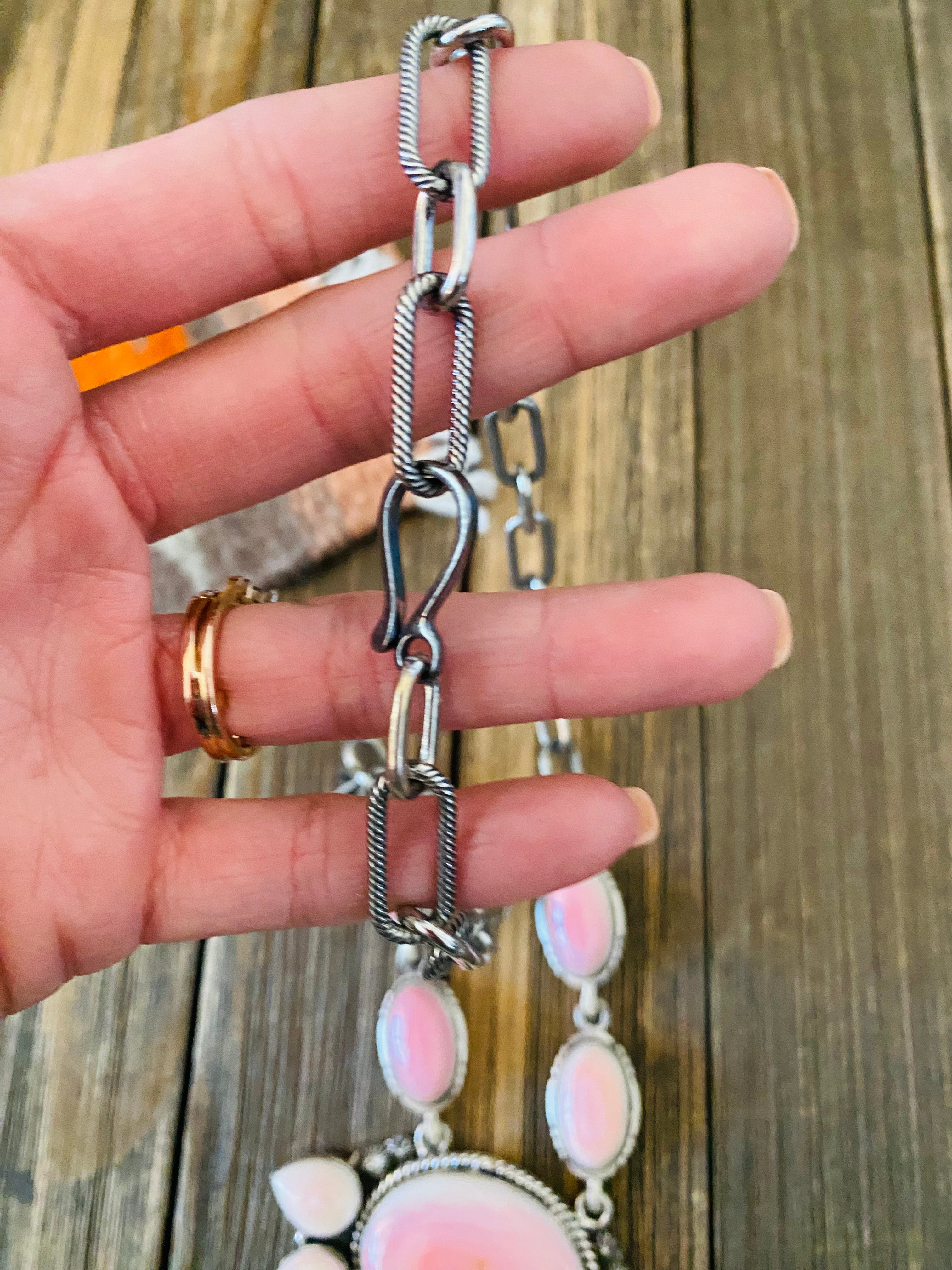 Navajo Queen Pink Conch Shell And Sterling Silver Cluster Necklace