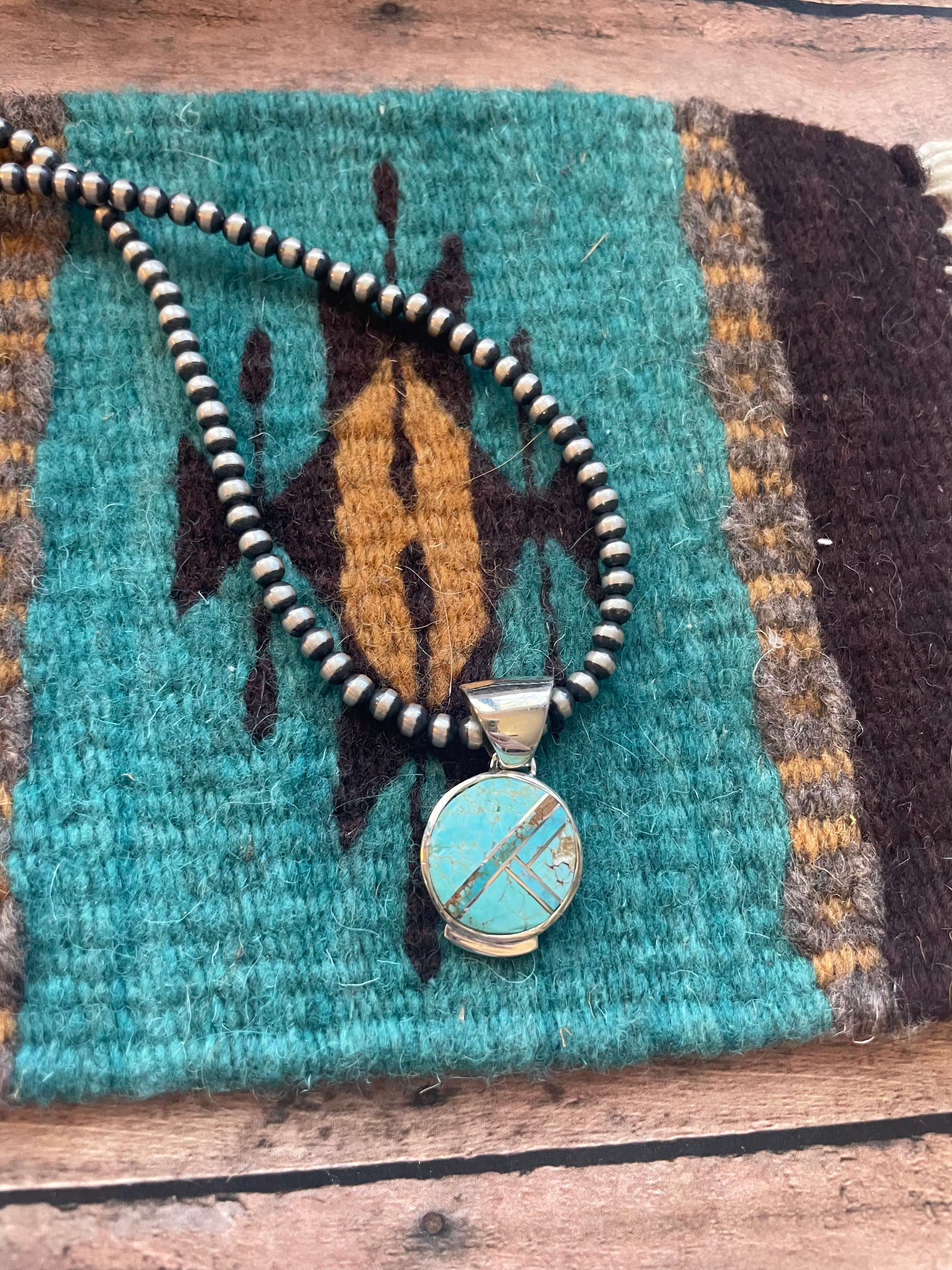 Navajo Number 8 Turquoise Inlay & Sterling Silver Pendant Signed