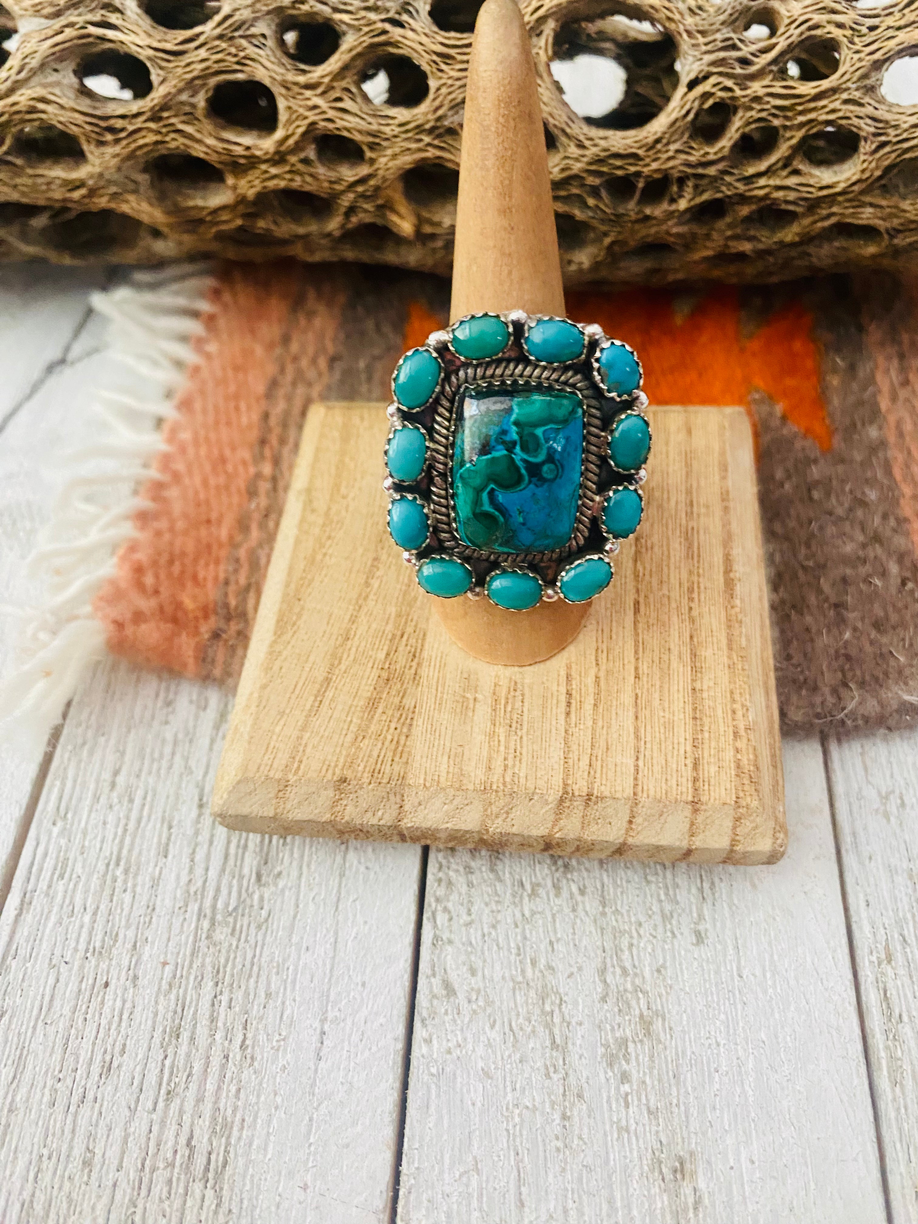 Handmade Sterling Silver, Azurite Malachite & Turquoise Cluster Adjustable Ring