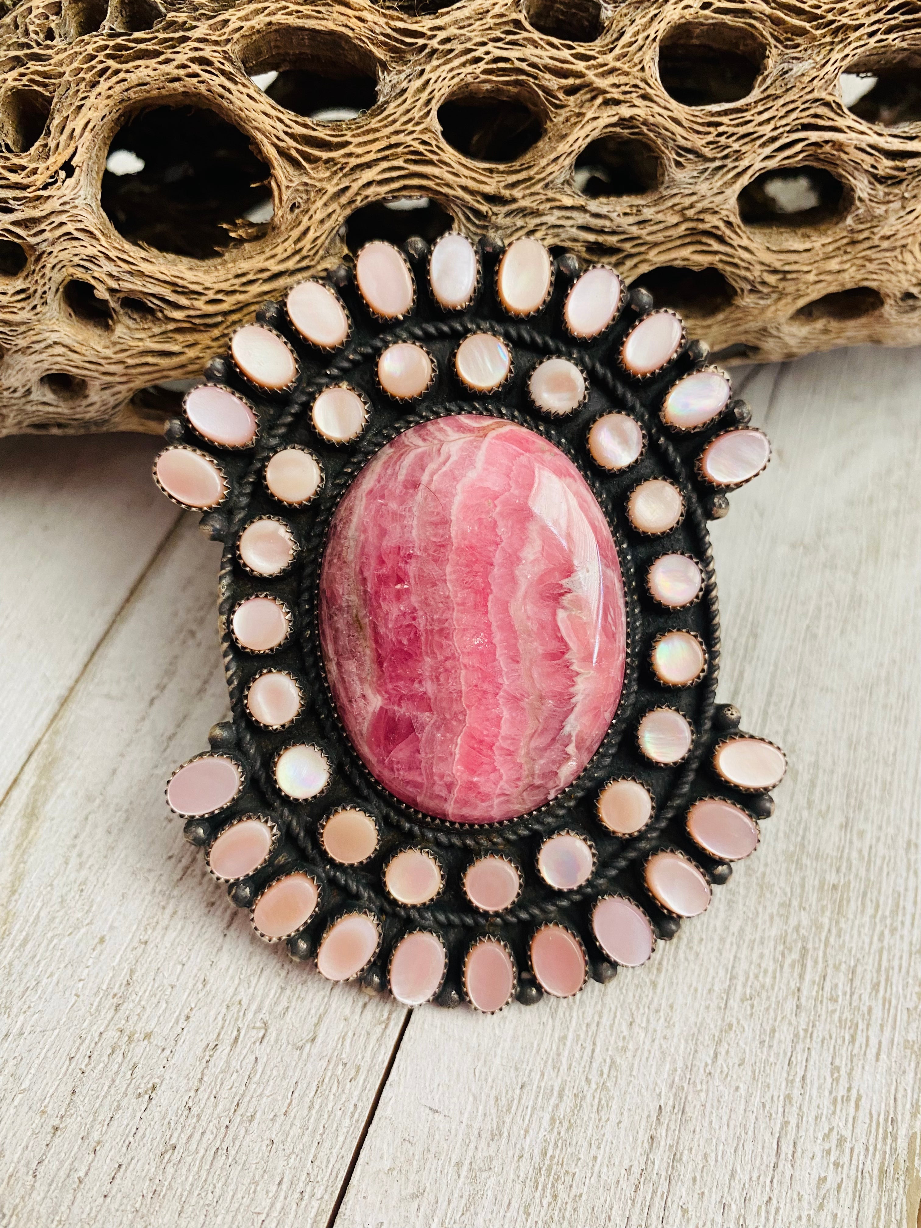 Navajo Sterling Silver, Mother of Pearl & Rhodochrosite Cluster Adjustable Ring