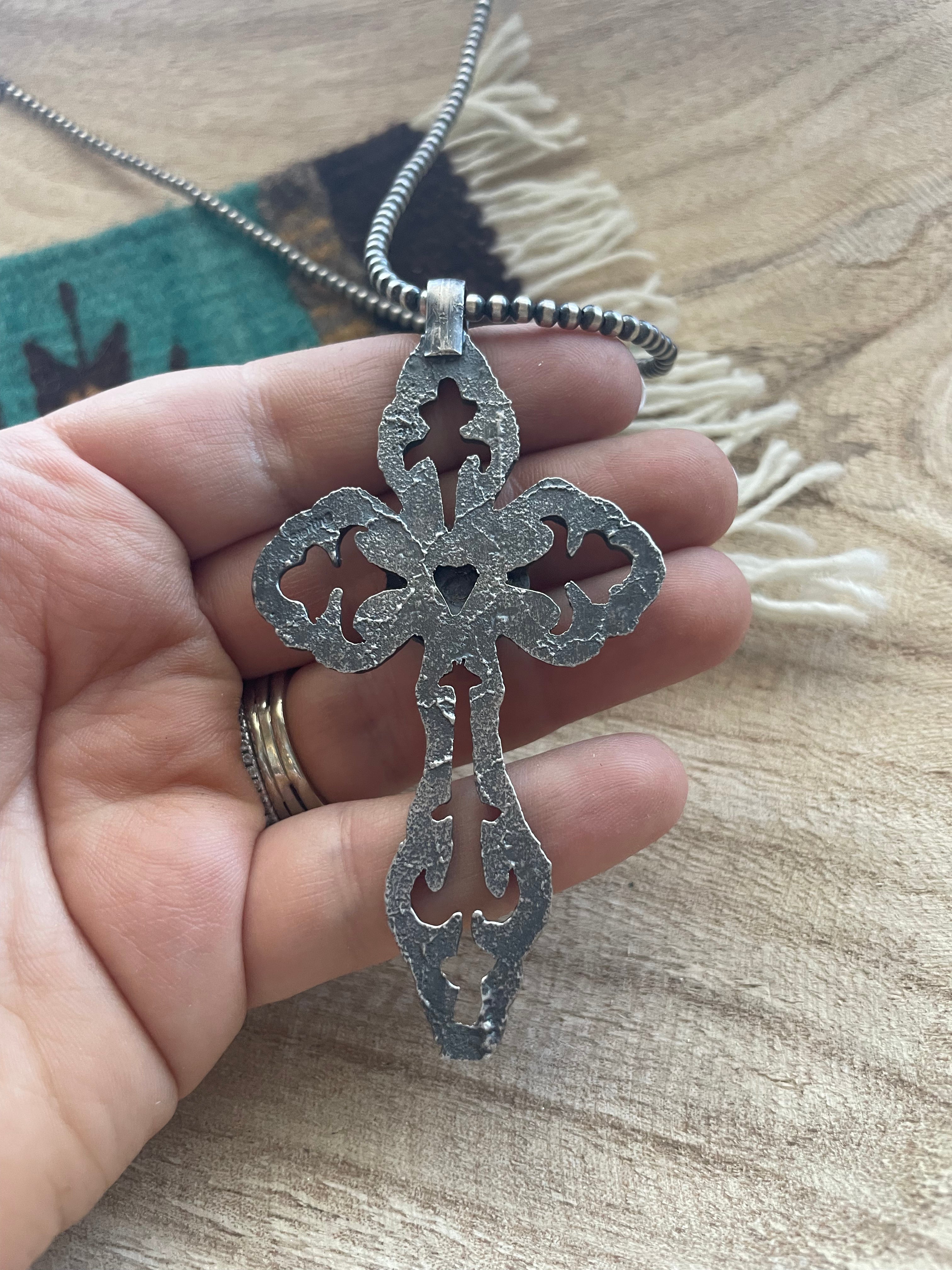 Navajo Sterling Silver & Turquoise Cross Pendant Signed Eugene Mitchell