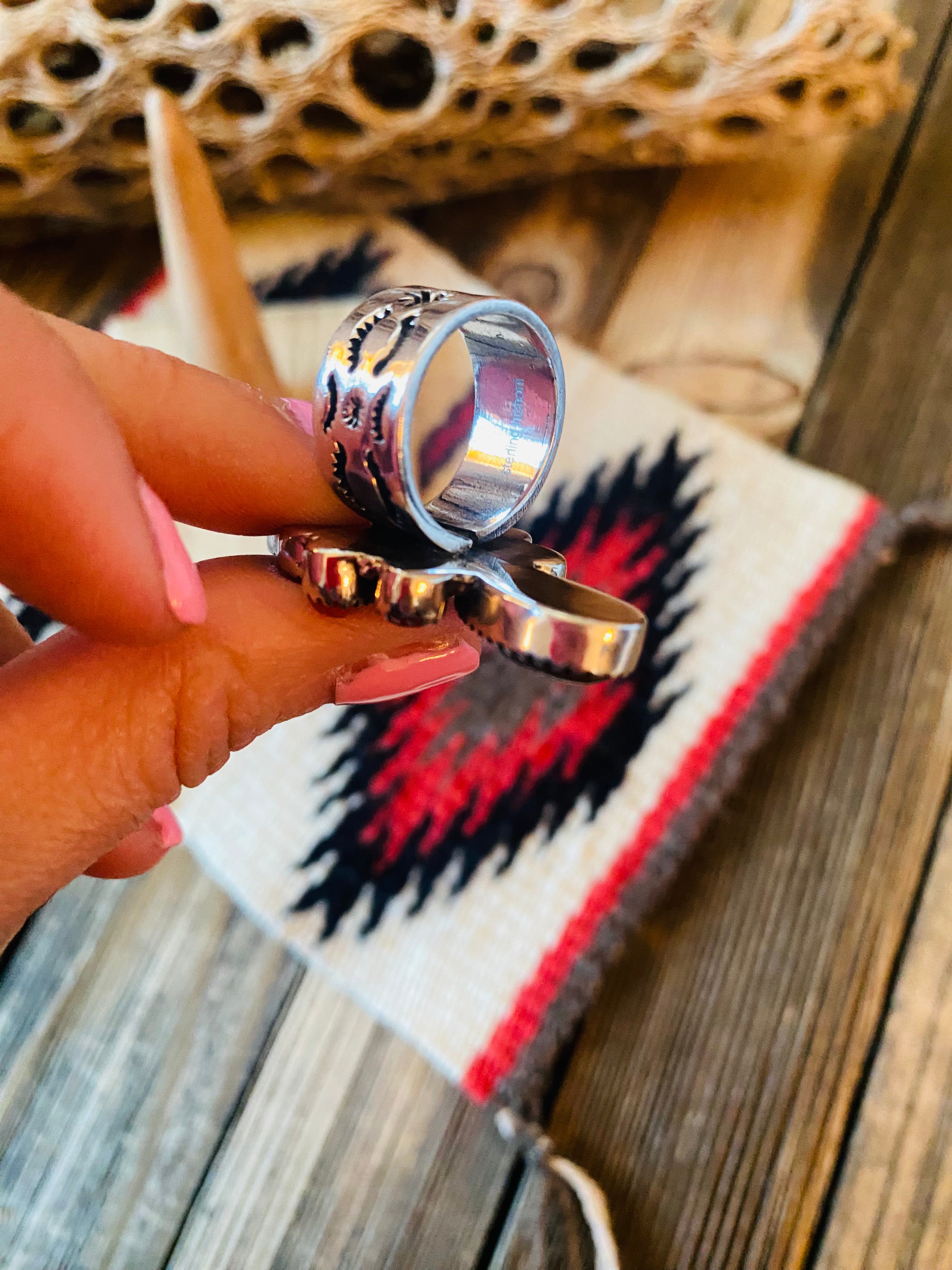 Handmade Sterling Silver, Fordite & Coral Cluster Adjustable Ring