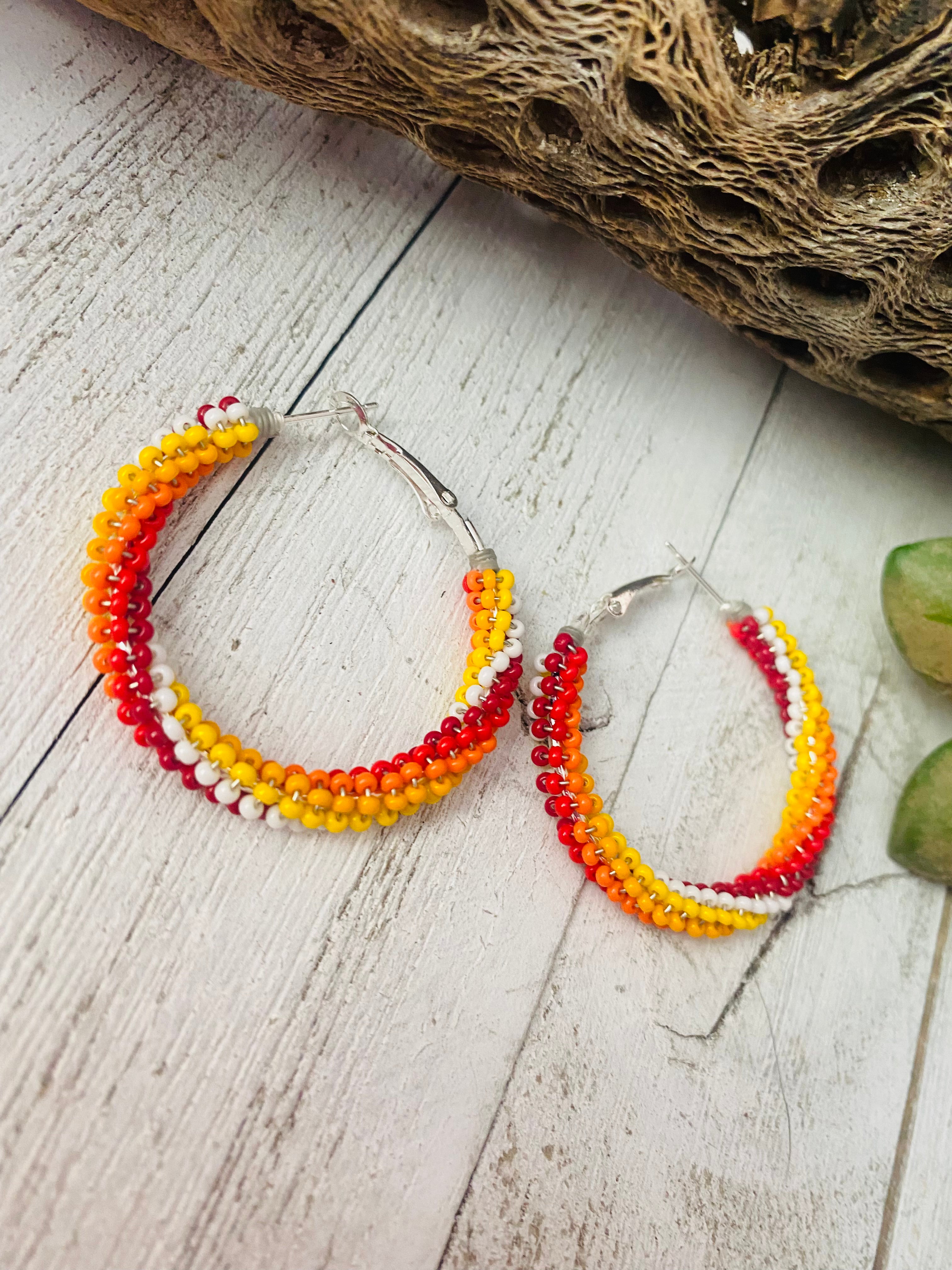 Navajo Handmade Beaded Hoop Earrings- red, yellow, orange