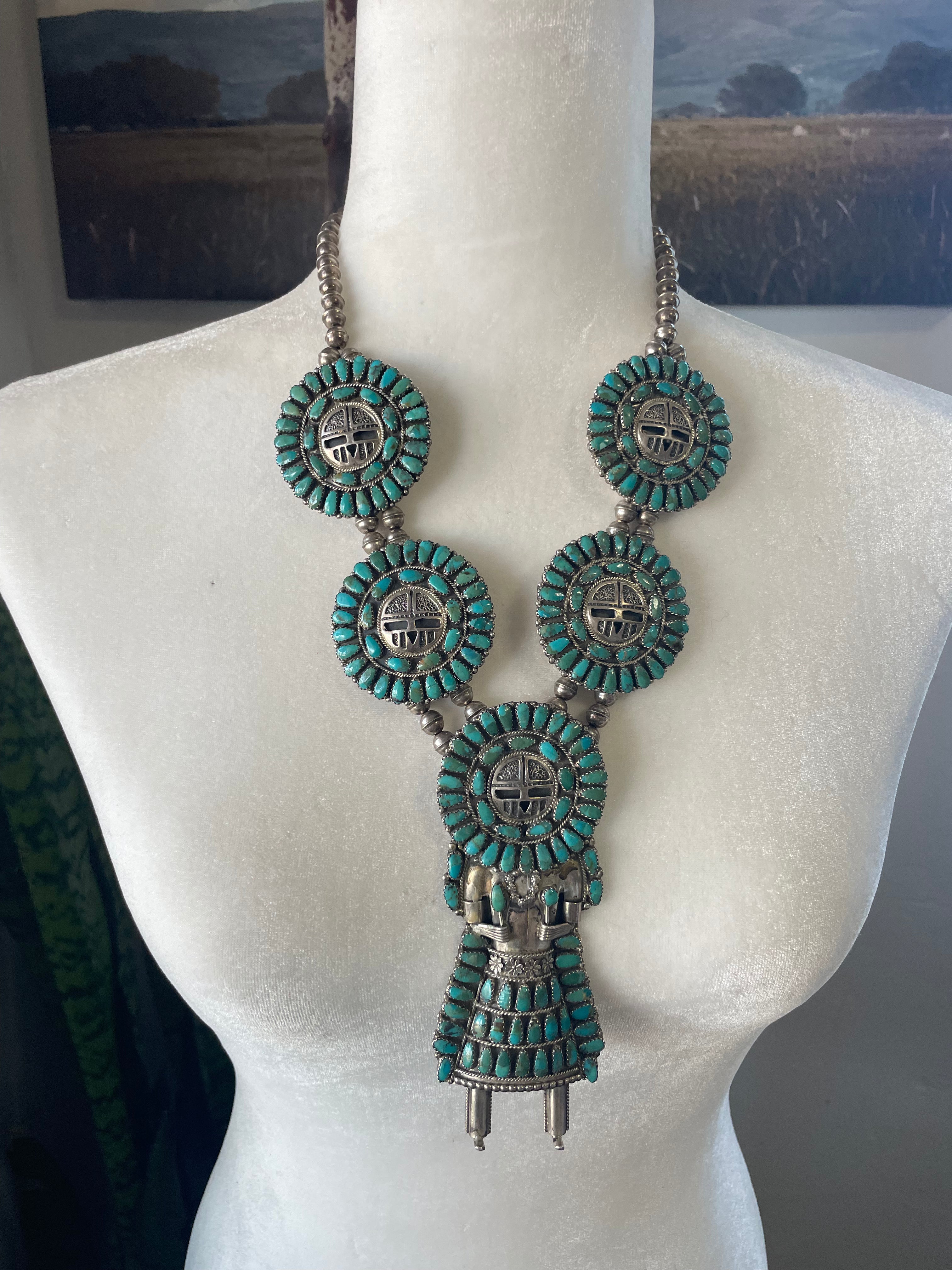 Vintage Navajo Sterling Silver And Turquoise Kachina Squash Blossom Necklace Earrings Set Signed