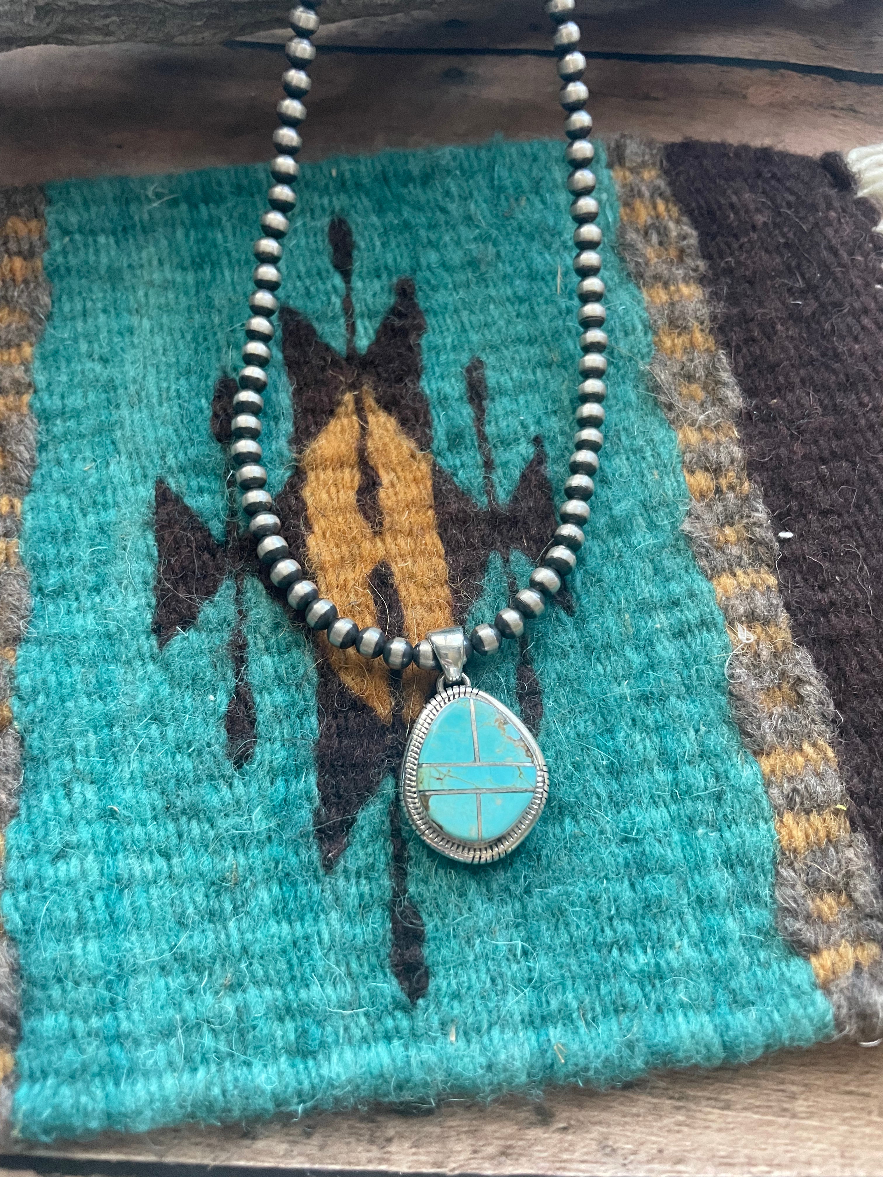 Navajo Number 8 Turquoise Inlay & Sterling Silver Pendant Signed