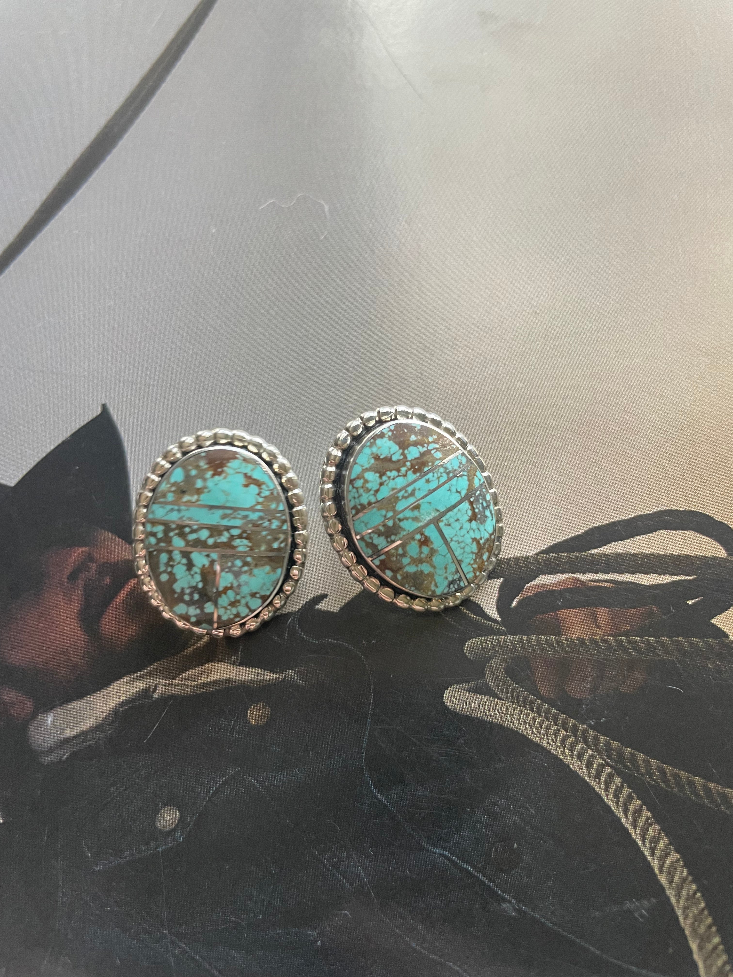 Navajo Number 8 Turquoise Inlay & Sterling Silver Stud Earrings