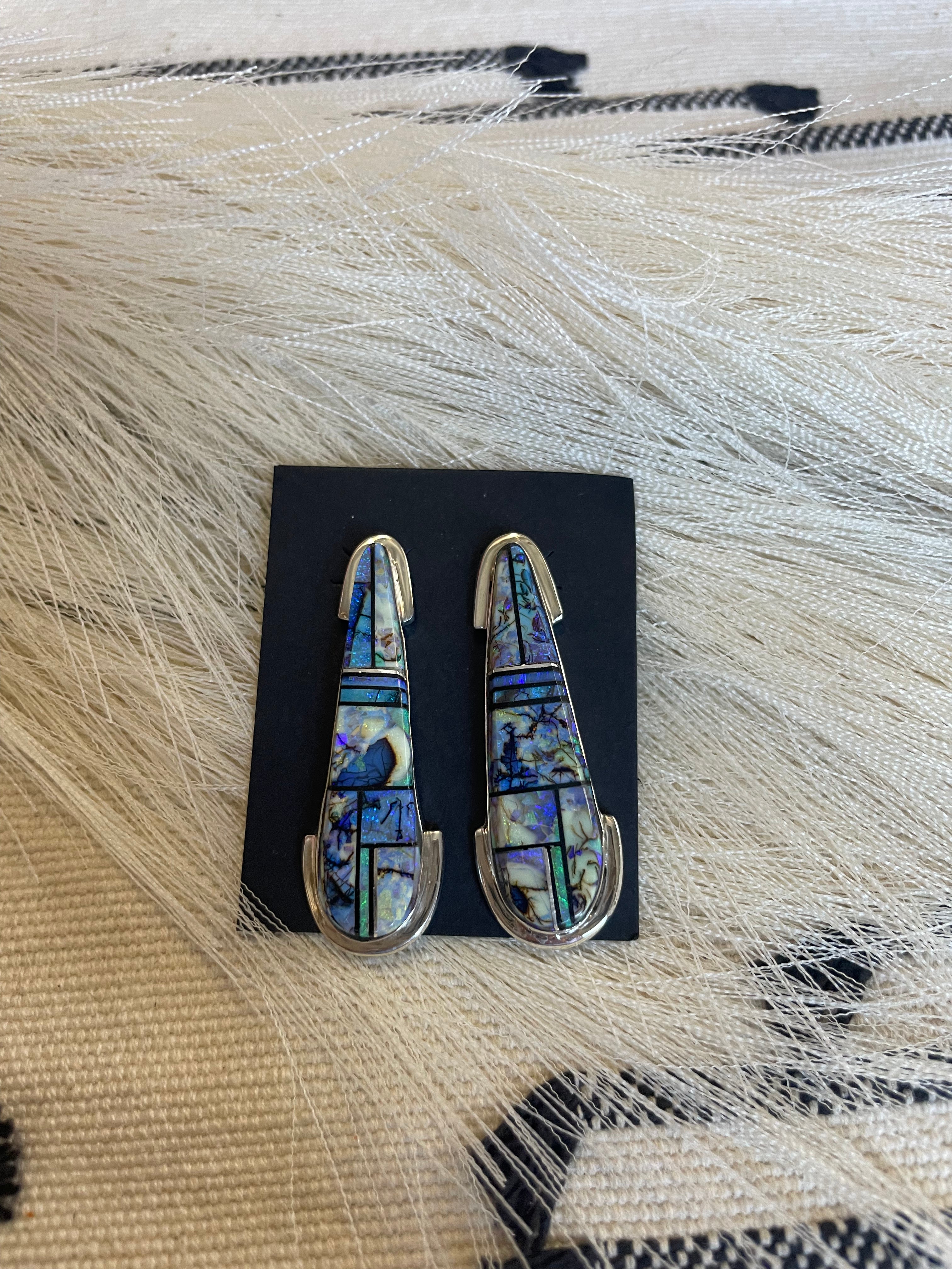 Navajo Blue Opal Inlay & Sterling Silver Dangle Earrings Signed VS