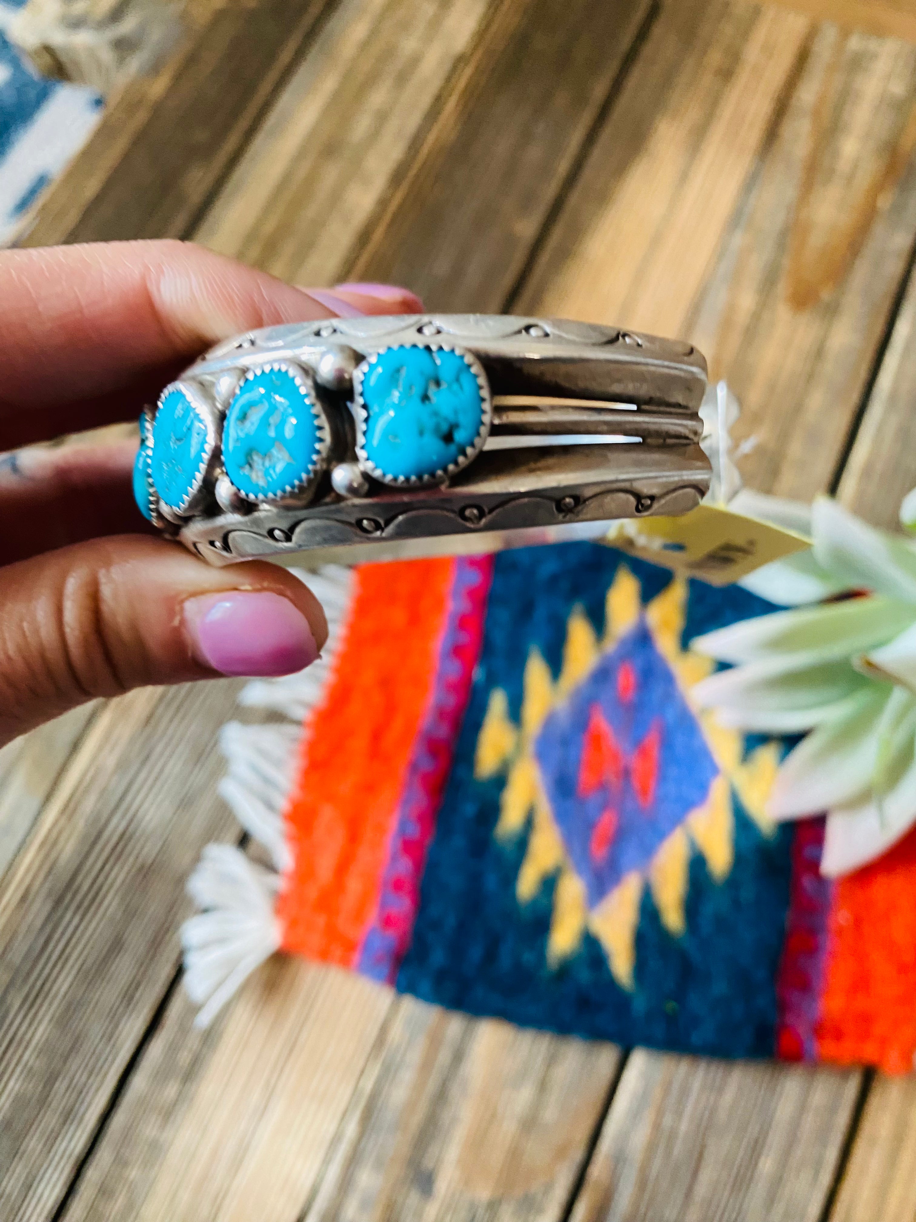 Navajo Old Pawn Vintage Kingman Turquoise & Sterling Silver Cuff Bracelet