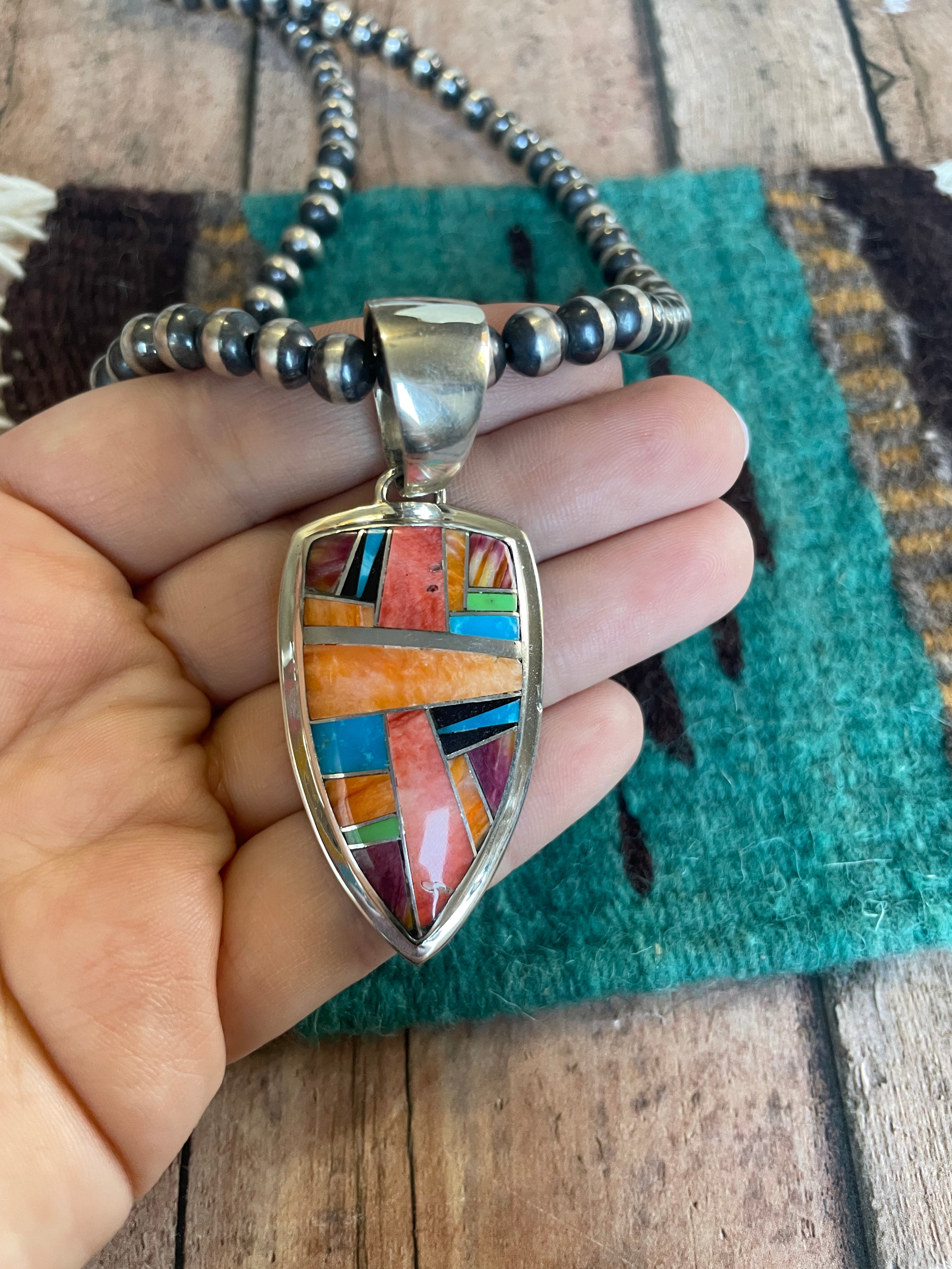 Navajo Multi Stone Inlay & Sterling Silver Pendant Signed