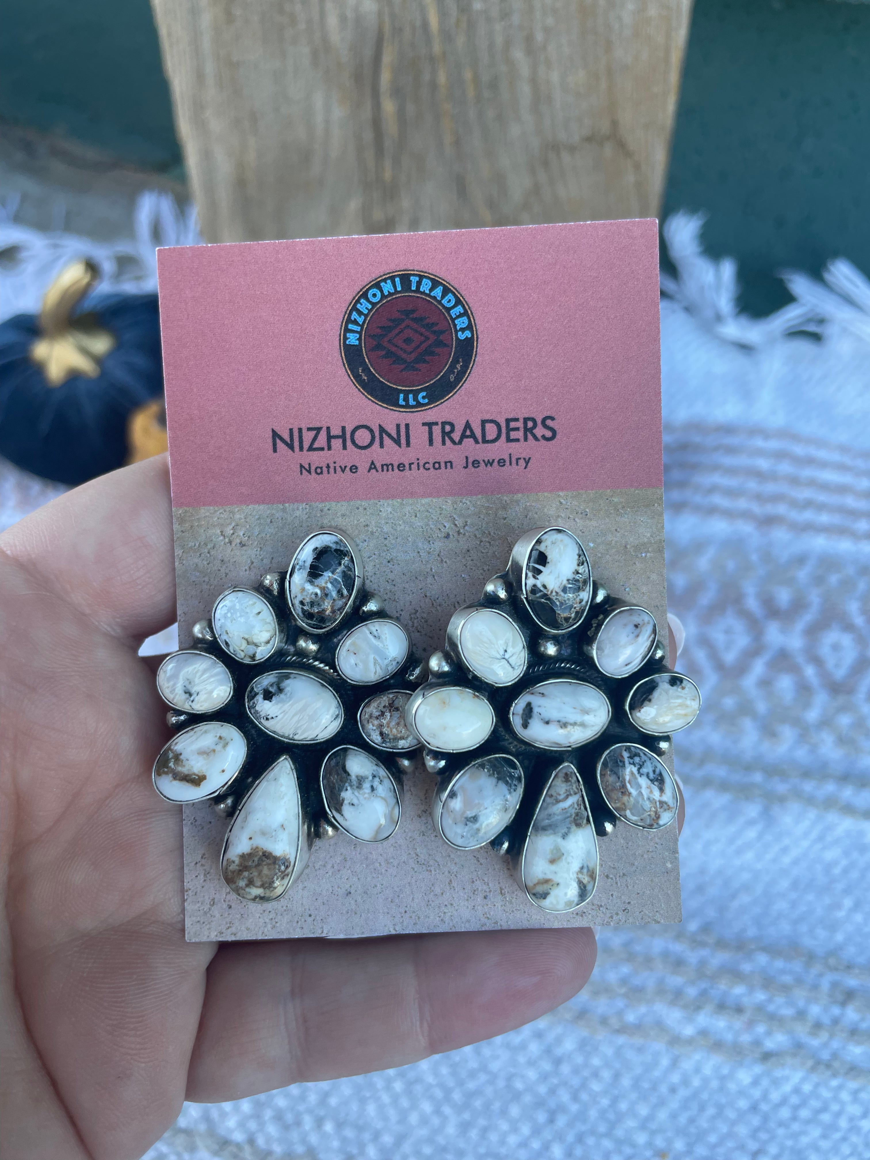 Navajo White Buffalo Cluster Earrings By Sheila Becenti