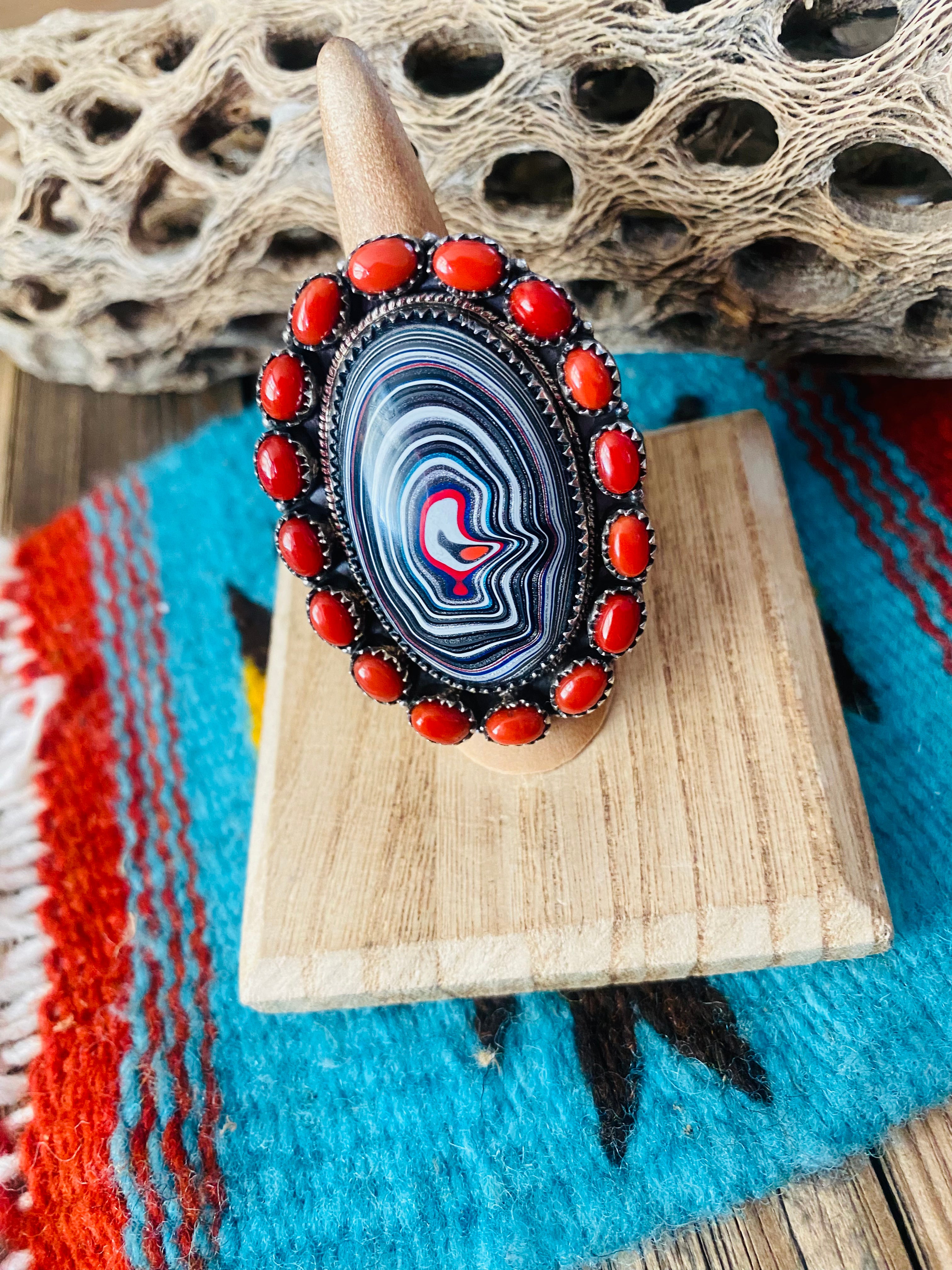 Handmade Sterling Silver, Fordite & Coral Cluster Adjustable Ring