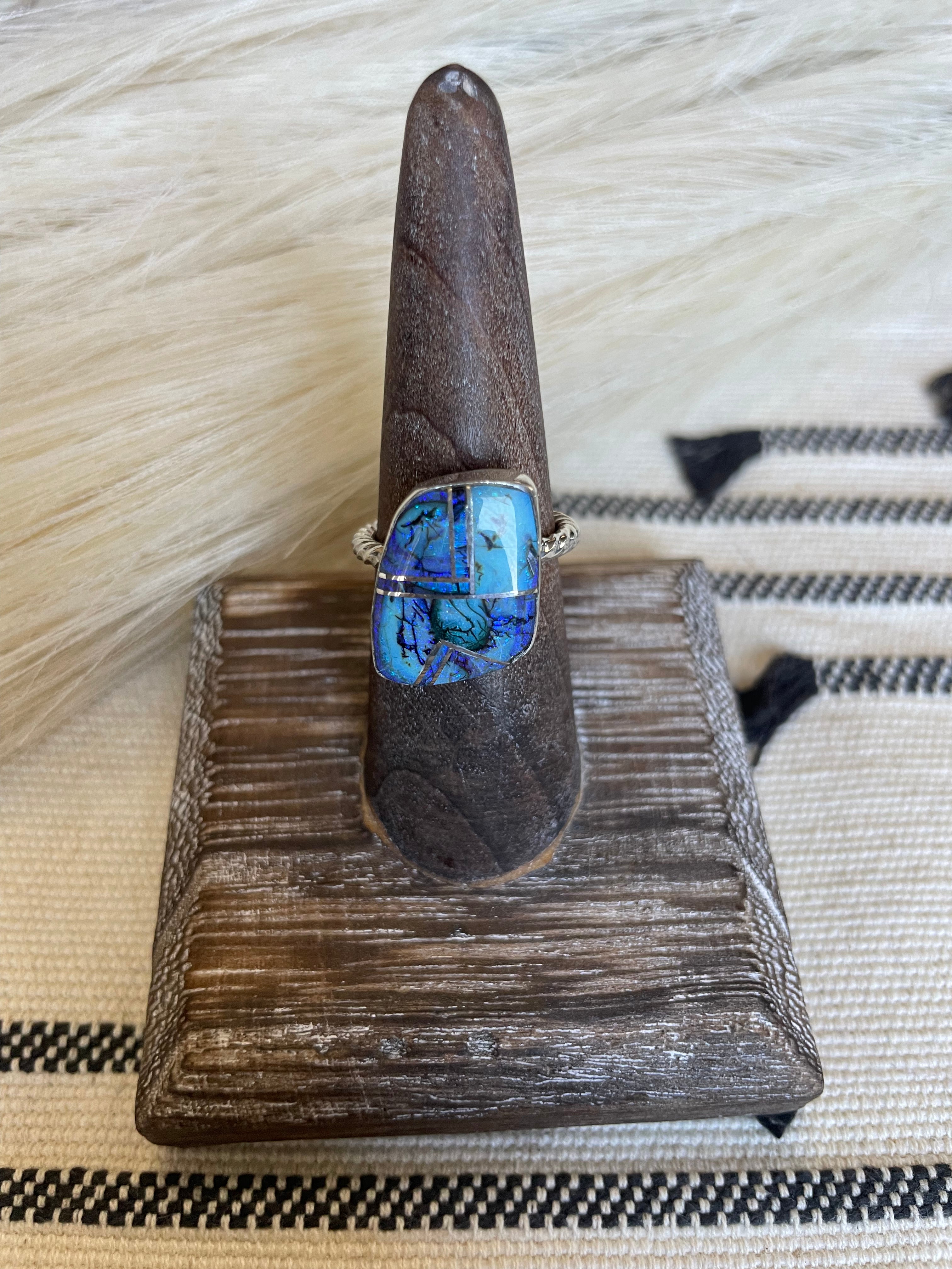 Navajo Sterling Silver & Blue Opal Inlay Ring Size 7