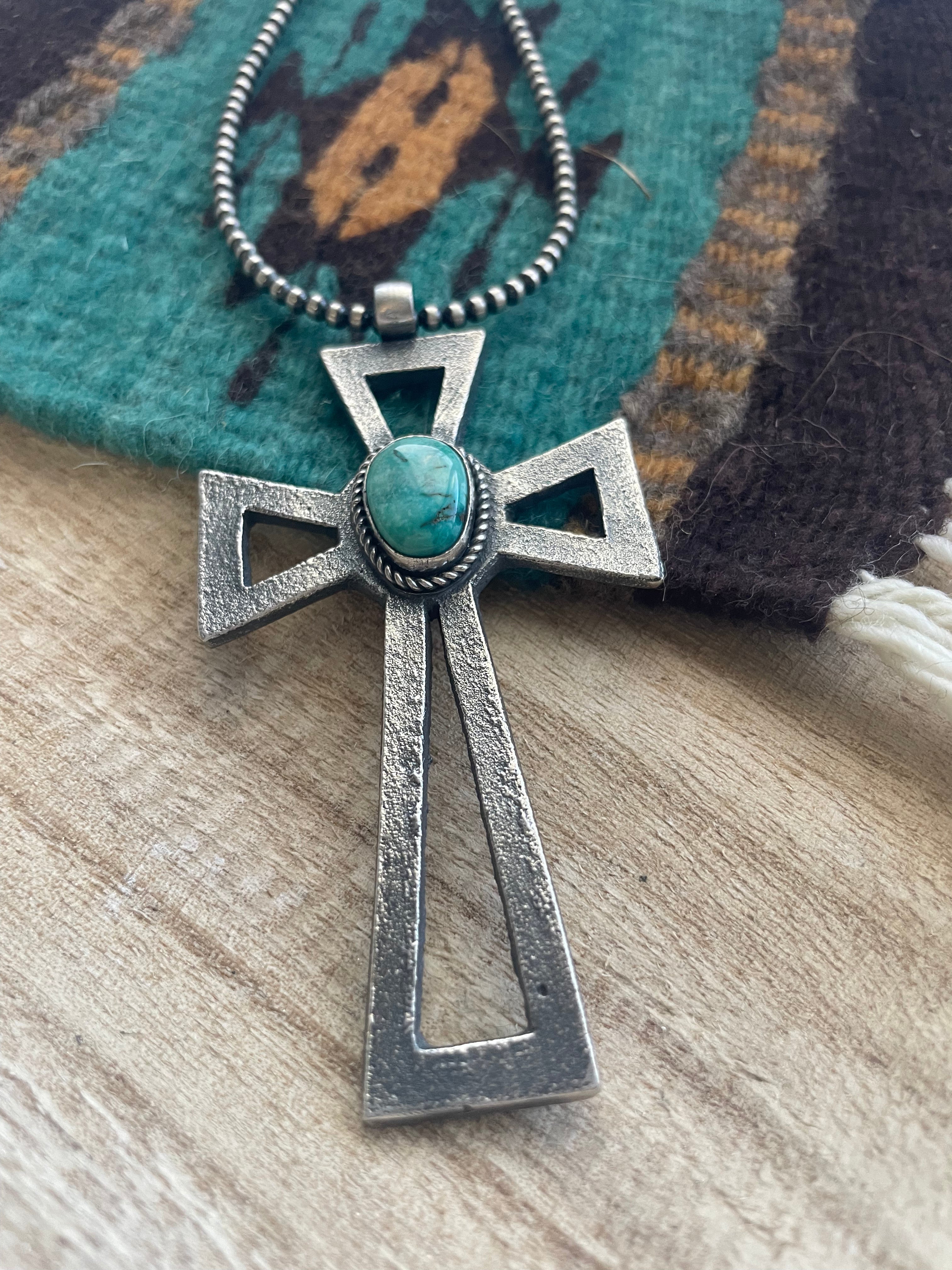 Navajo Sterling Silver & Turquoise Cross Pendant Signed Eugene Mitchell