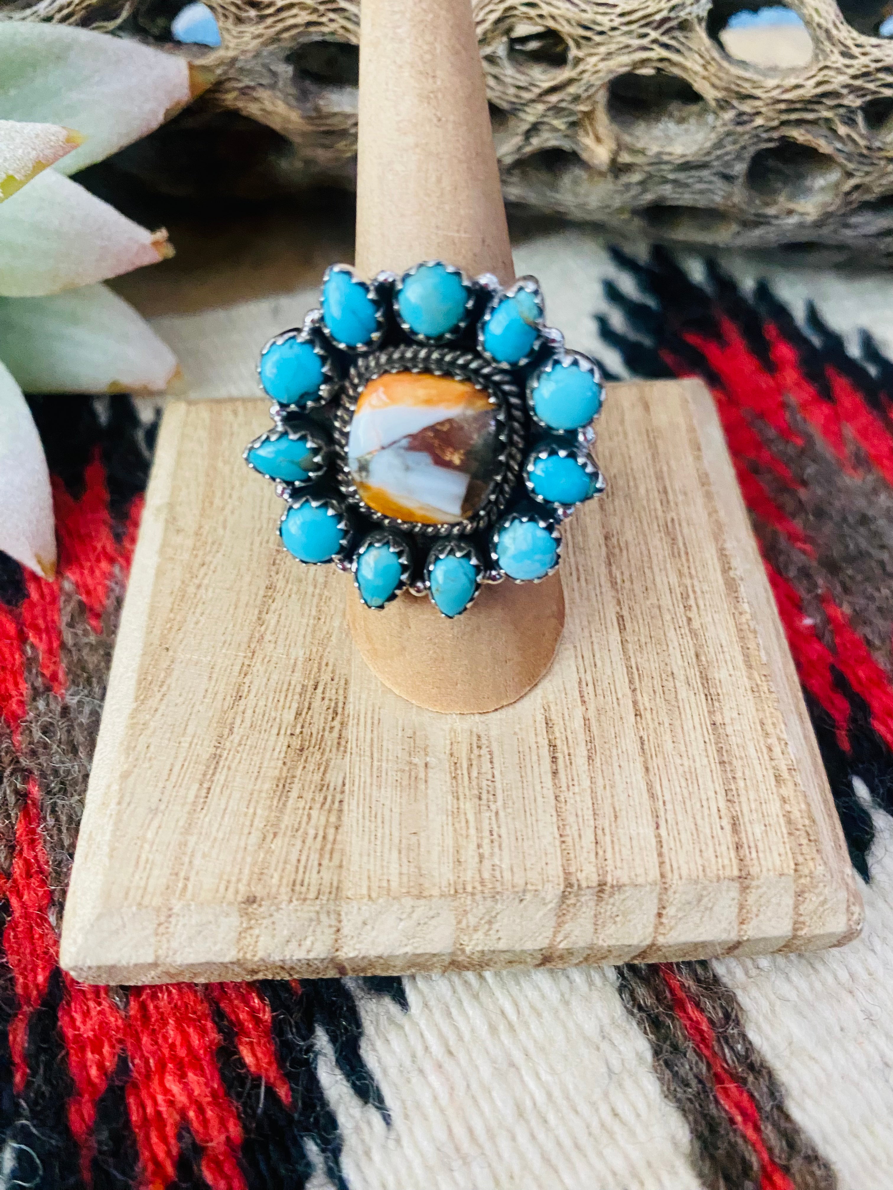 Handmade Sterling Silver, Spice & Turquoise Cluster Adjustable Ring