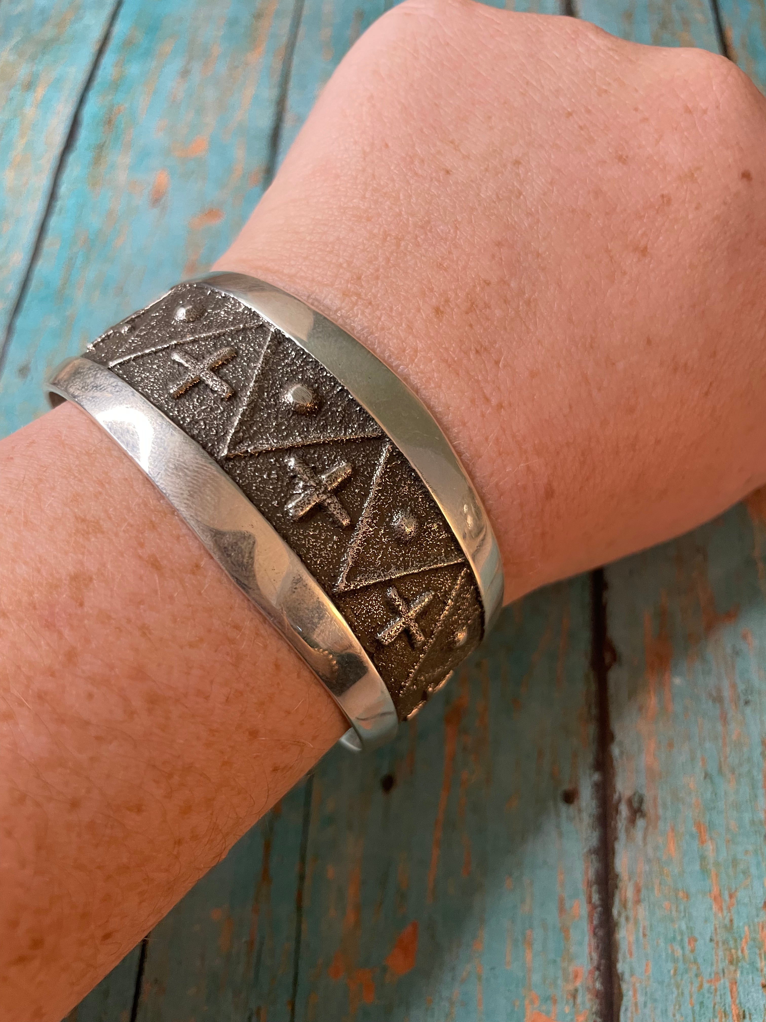 Navajo Sterling Silver Cross Cuff Bracelet Stamped And Signed