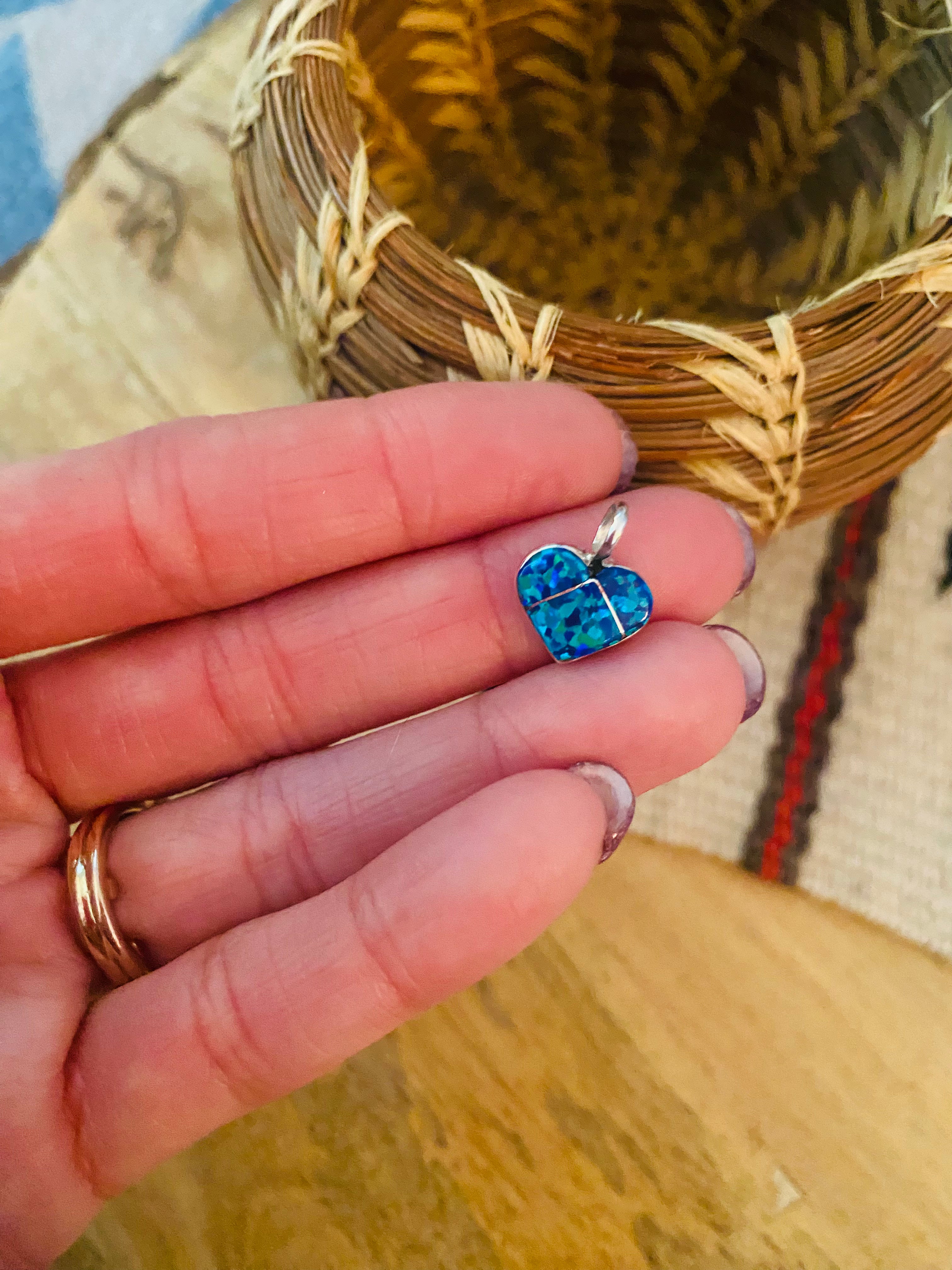 Zuni Sterling Silver & Dark Blue Fire Opal Heart Pendant