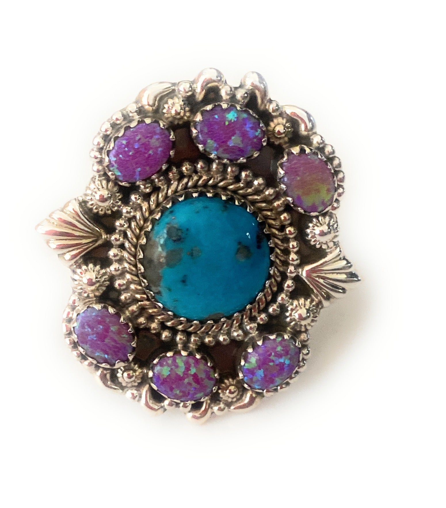 Handmade Sterling Silver, Turquoise & Opal Cluster Adjustable Ring