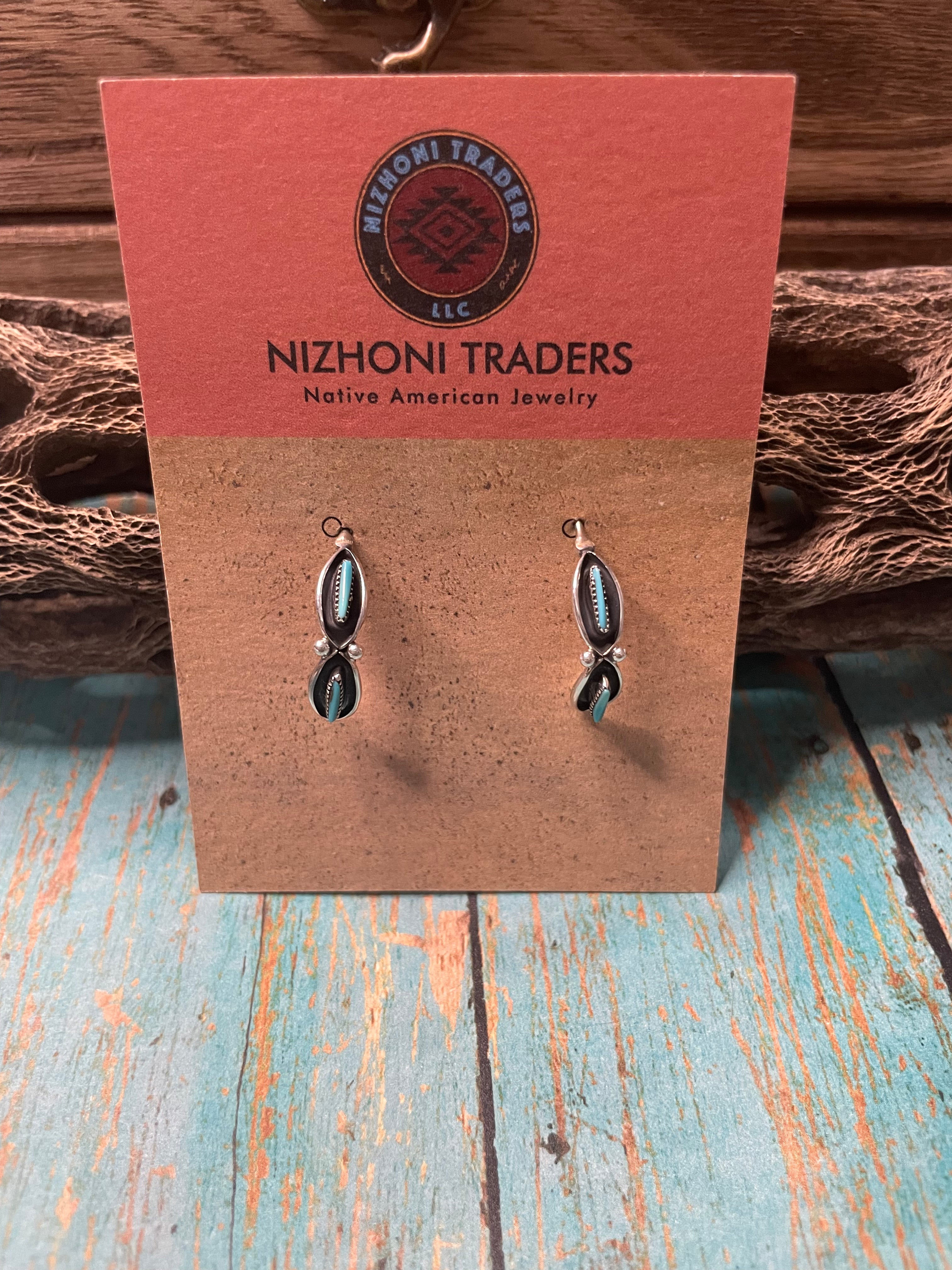 Zuni Sterling Silver Needlepoint Turquoise Inch Hoop Earrings