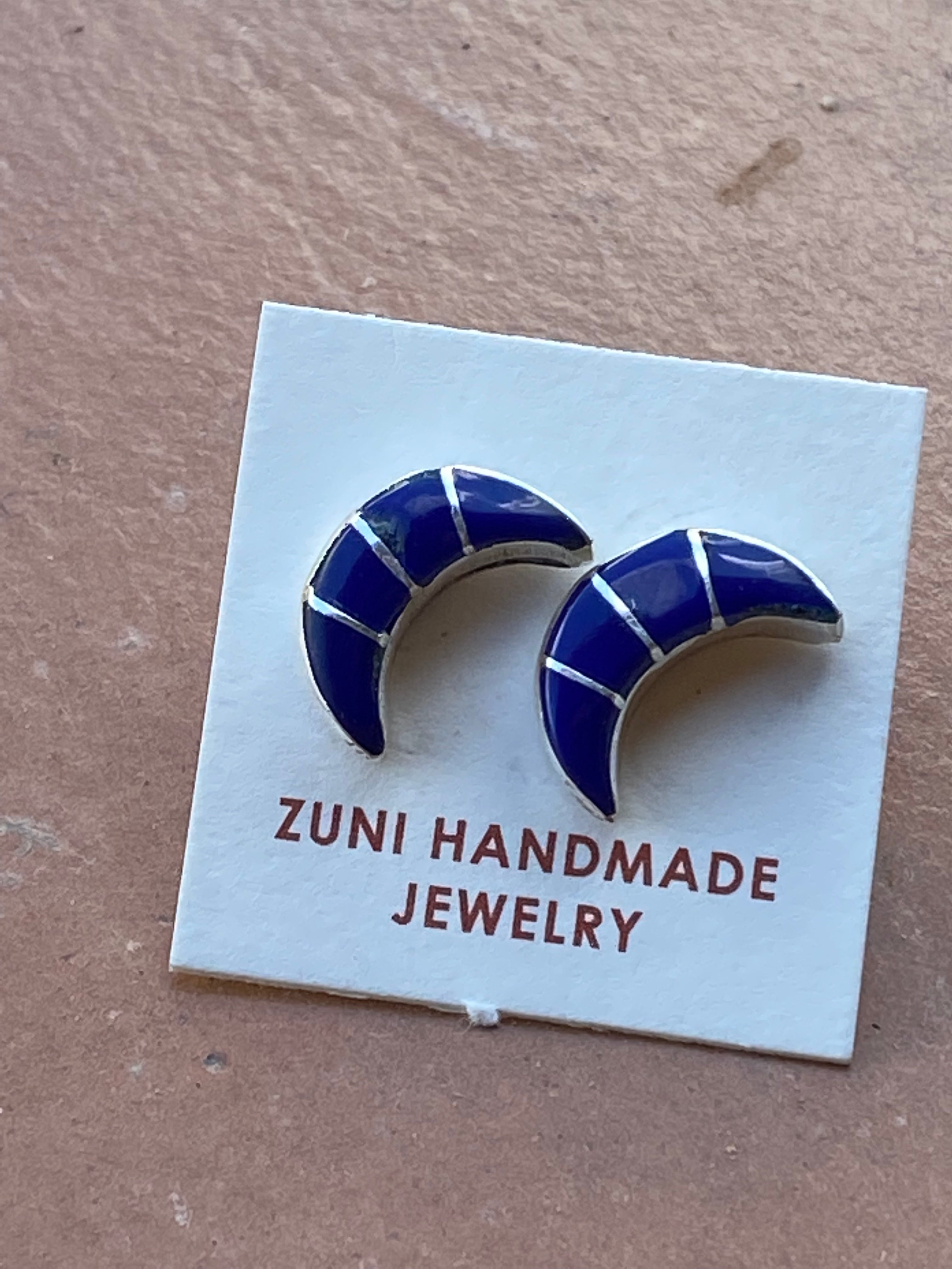 Zuni Sterling Silver & Lapis Inlay Moon Stud Earrings