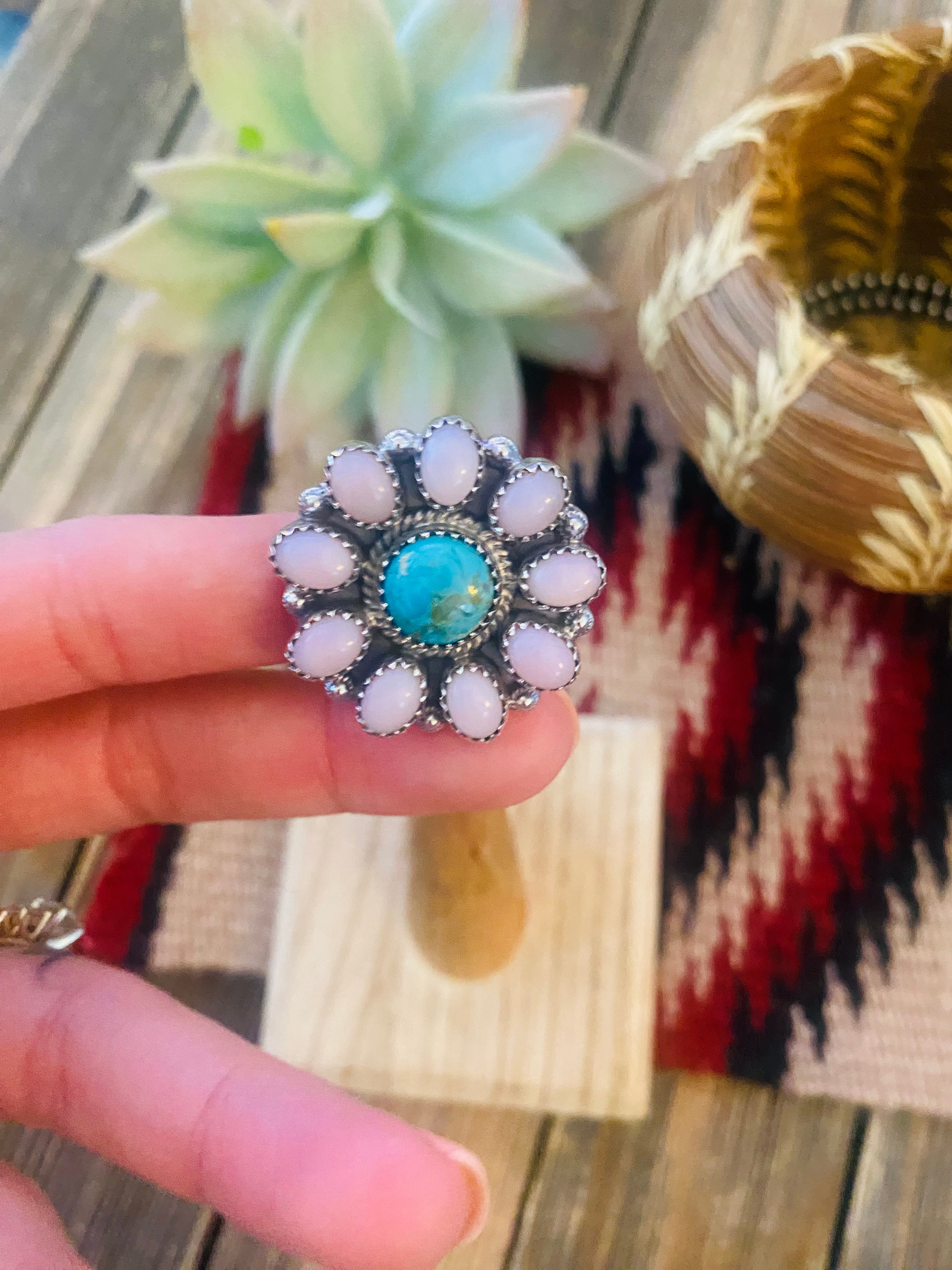 Handmade Sterling Silver, Mother of Pearl & Turquoise Cluster Adjustable Ring