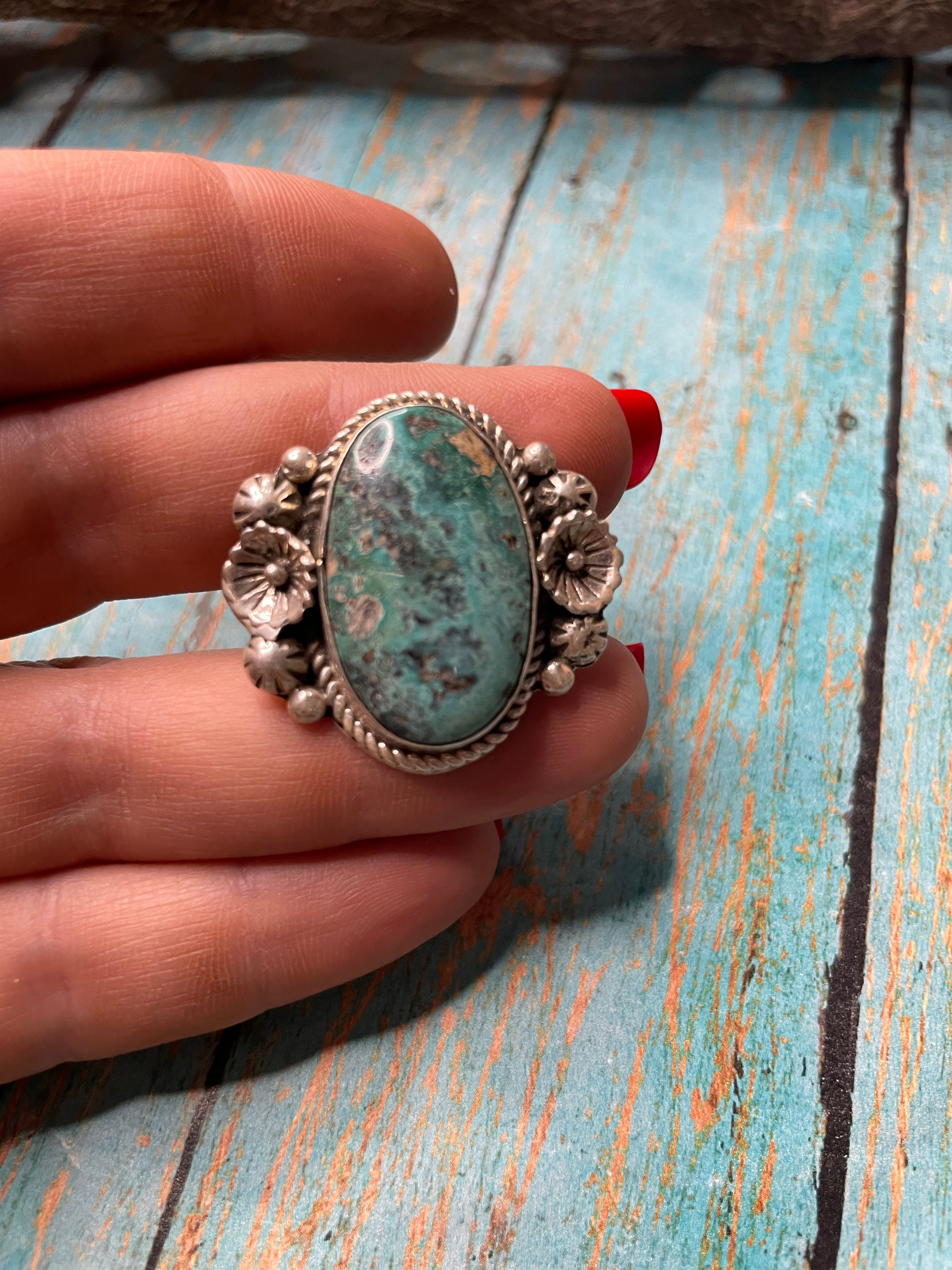 Old Pawn Navajo Sterling Silver & Turquoise Ring Size 9.5