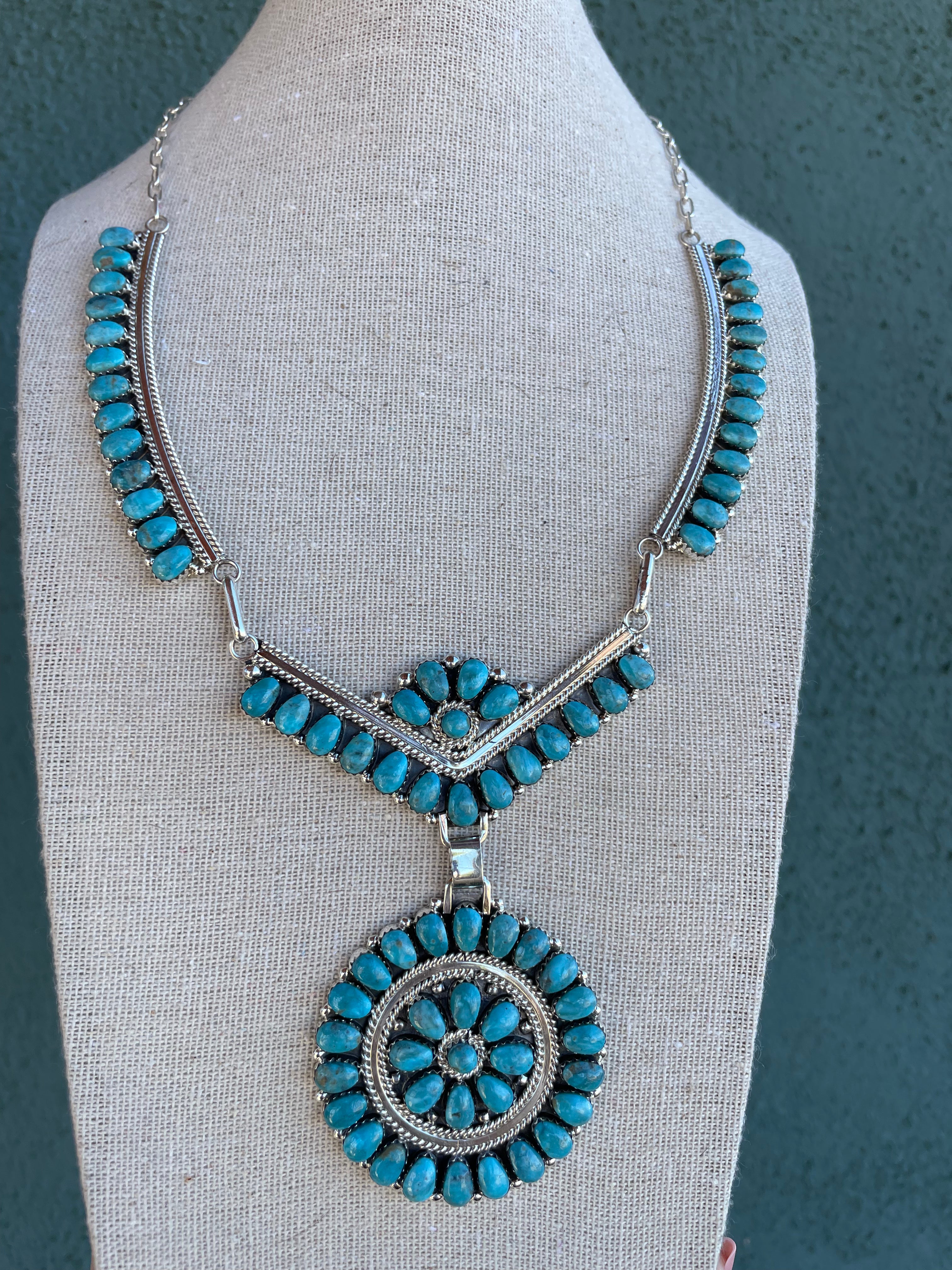 Navajo Sterling Silver And Natural Kingman Turquoise Necklace Signed