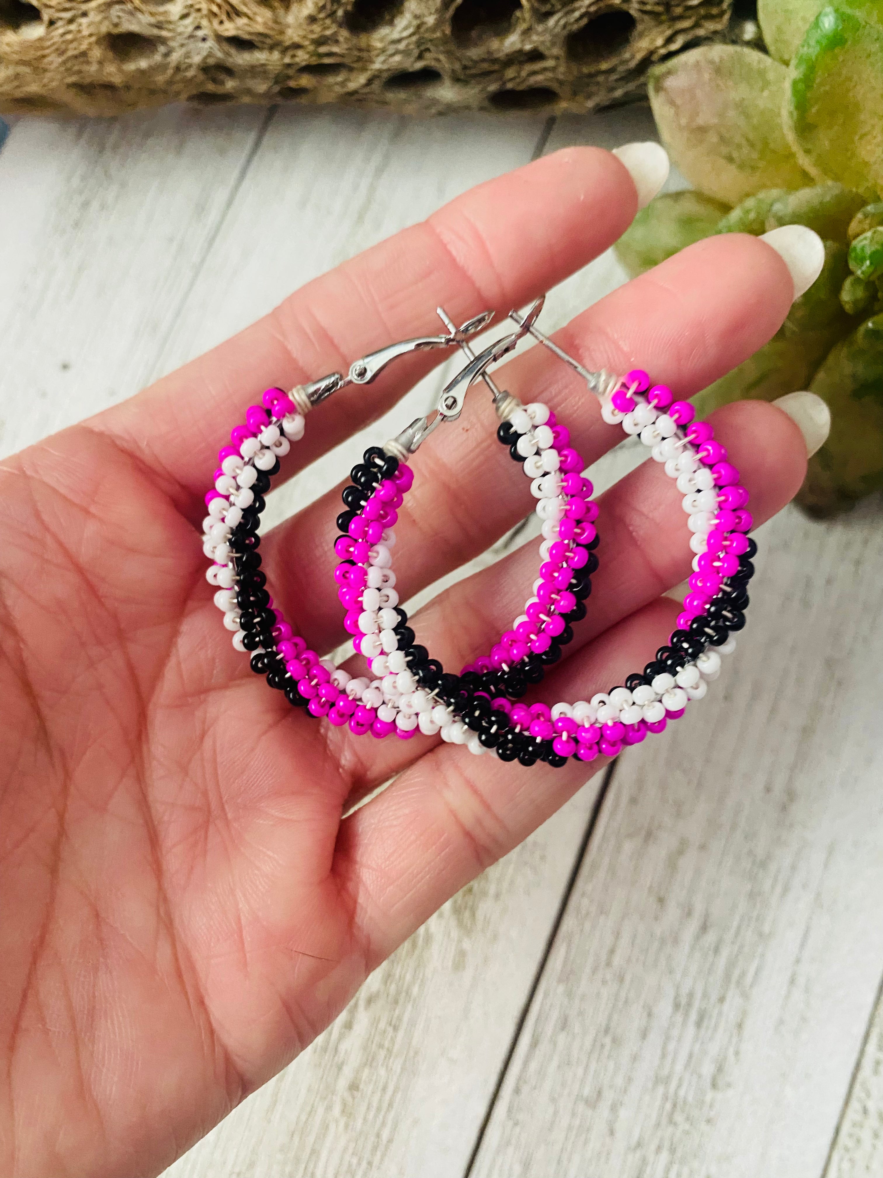 Navajo Handmade Beaded Hoop Earrings- pink, black