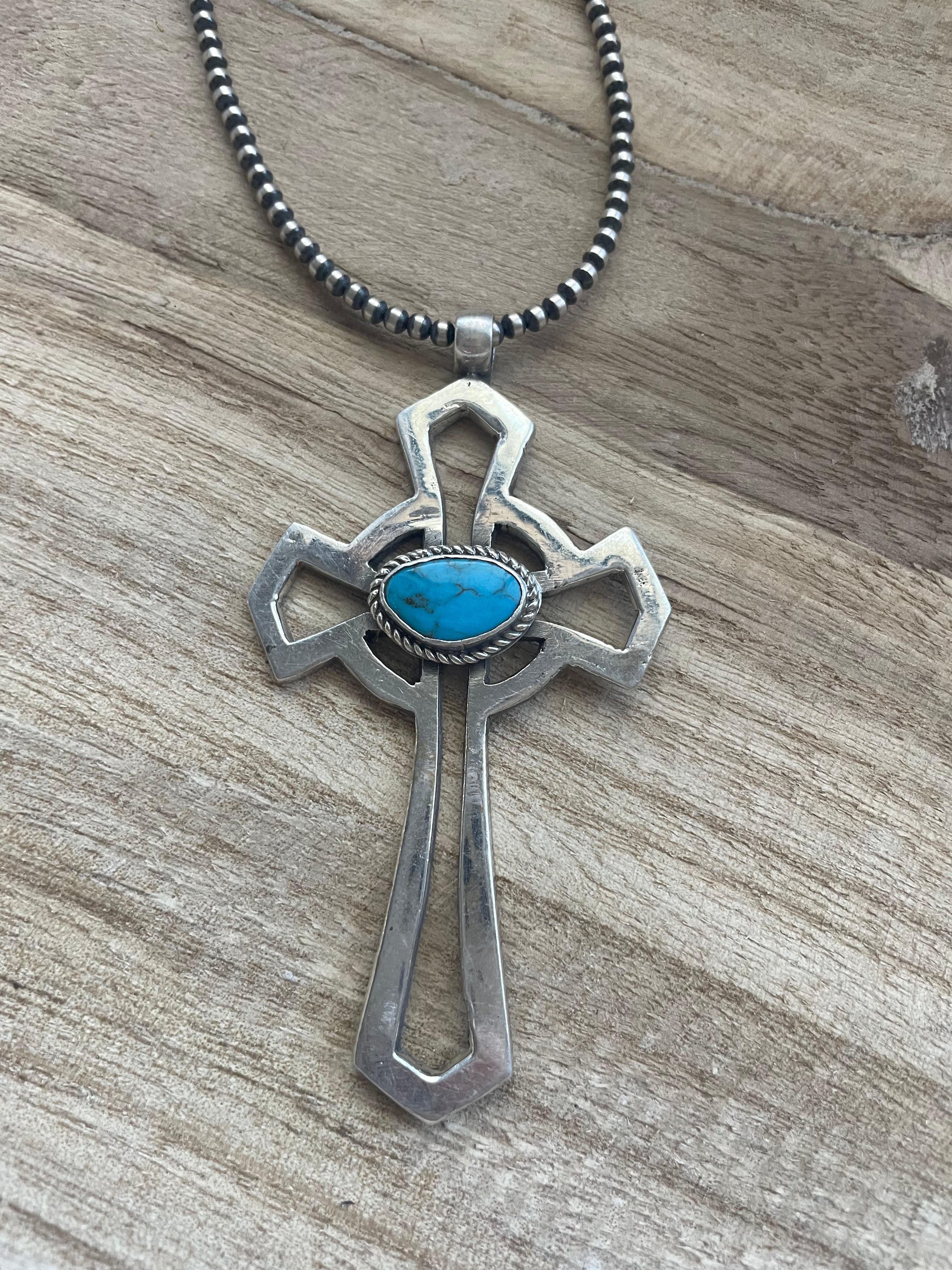 Navajo Sterling Silver & Turquoise Cross Pendant Signed Eugene Mitchell