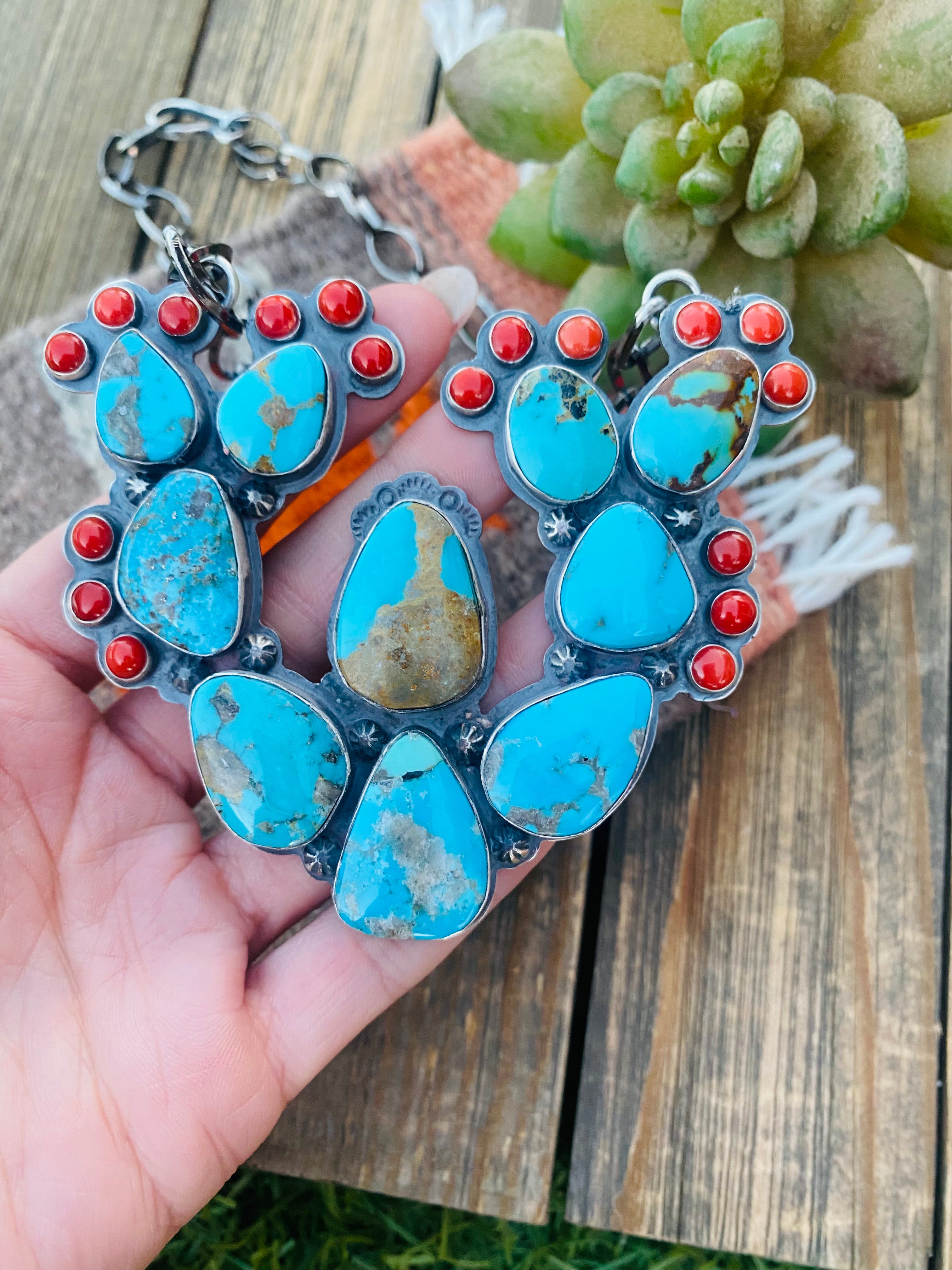 Navajo Sterling Silver, Turquoise & Coral Cactus Necklace