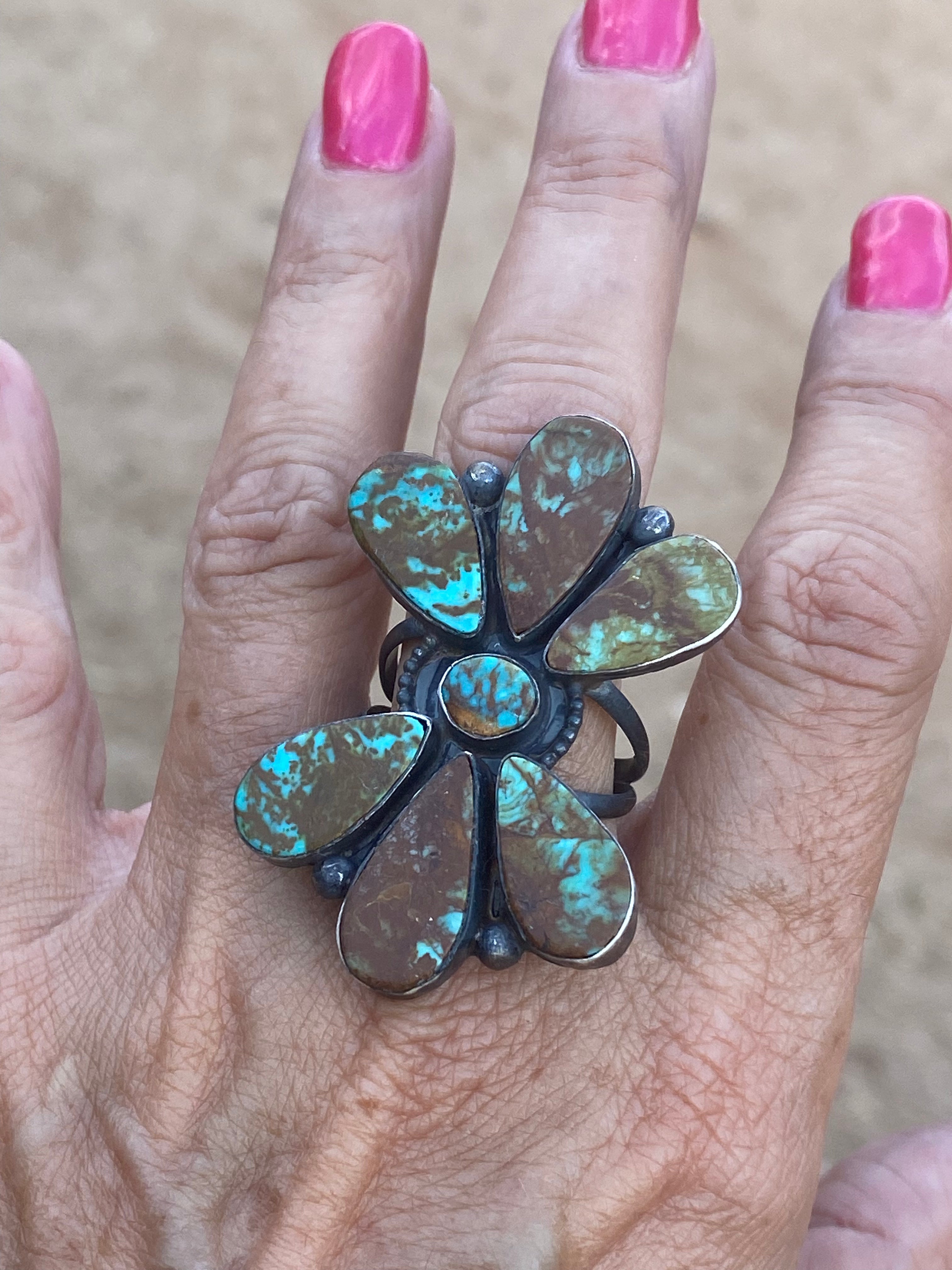 Navajo Jacqueline Sterling Silver Multi Turquoise & Cluster ring size 10