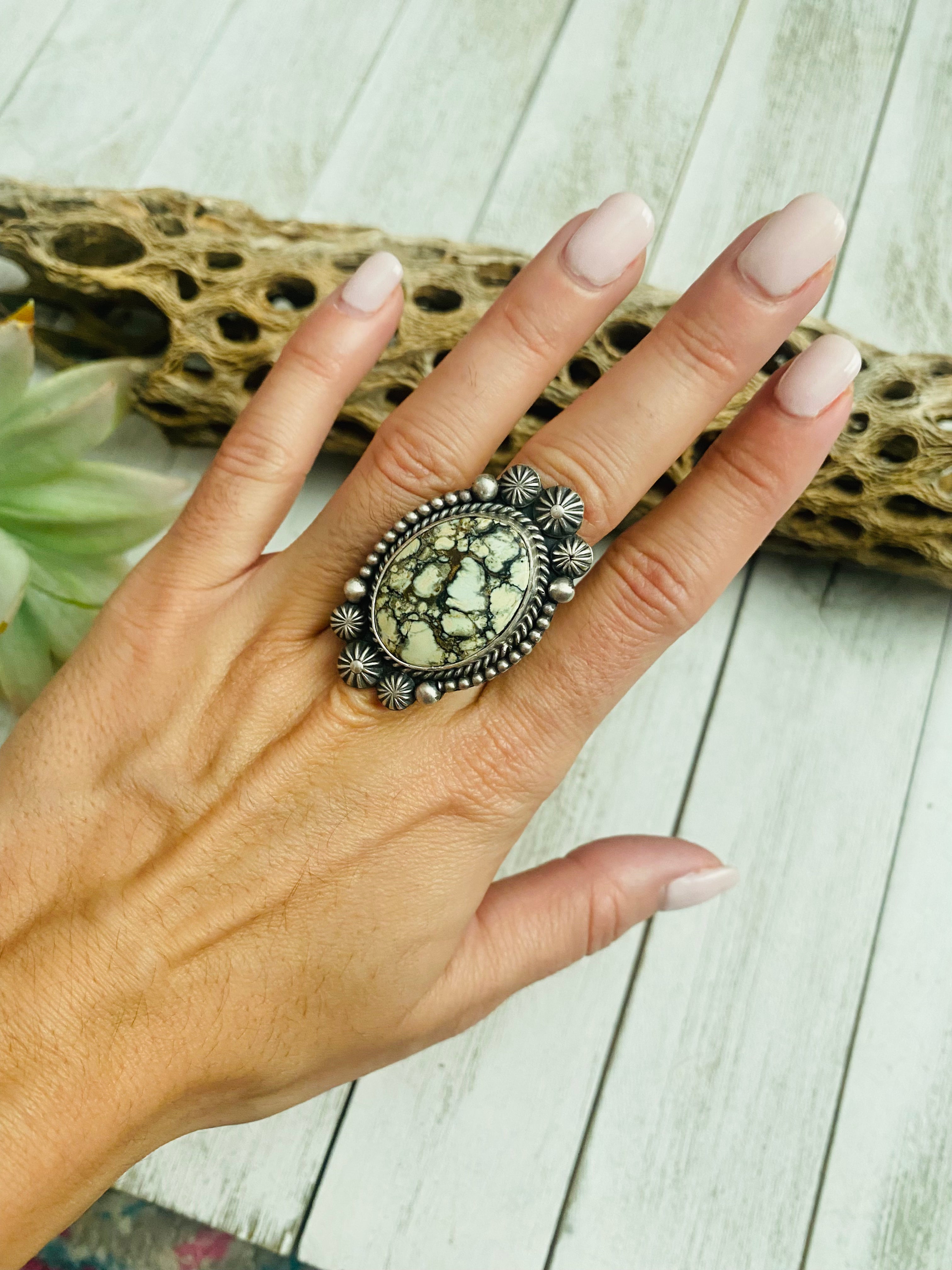 Navajo Sterling Silver And New Lander Turquoise Ring Size 7.5