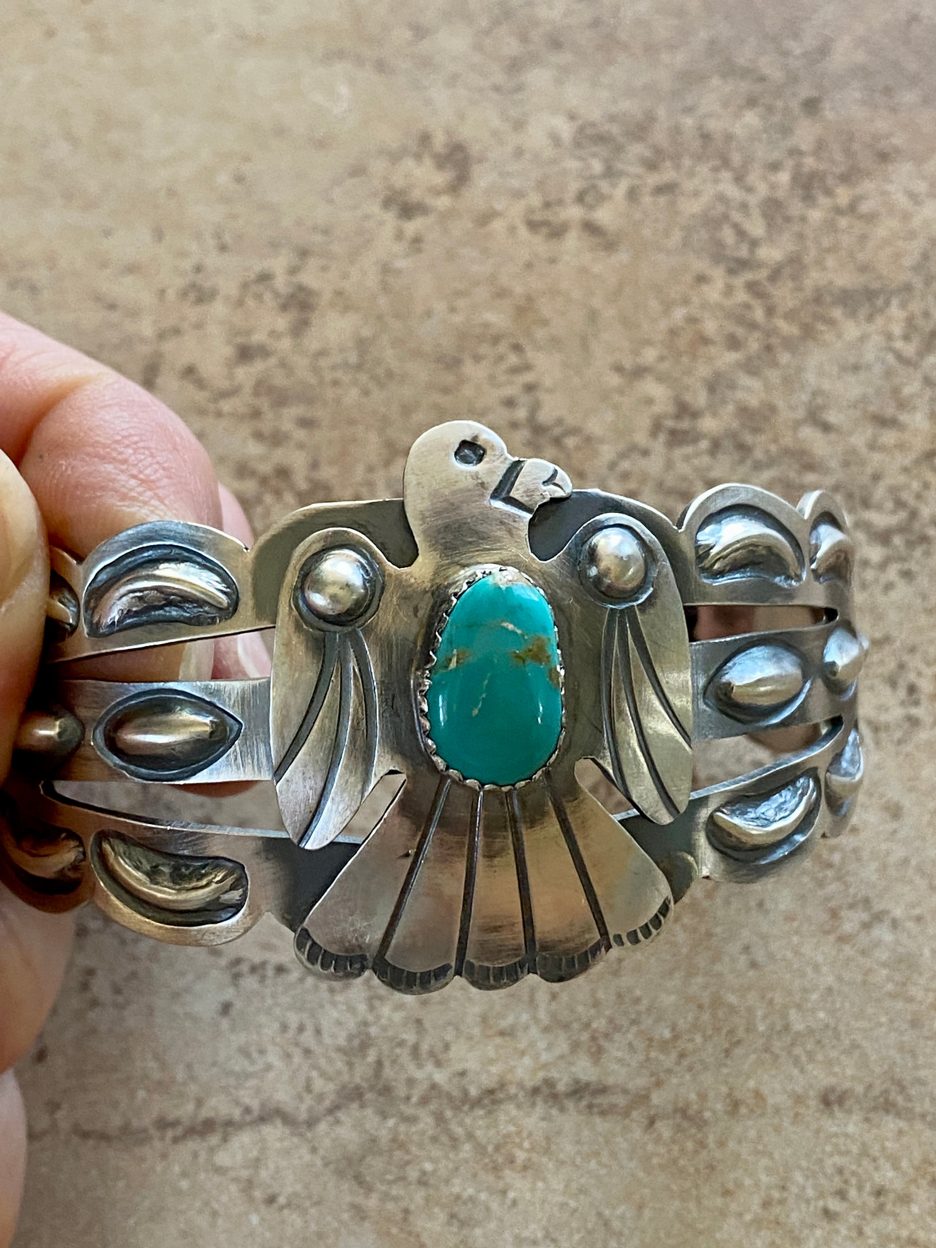 Sterling Silver Navajo Stamped Turquoise Thunderbird Cuff