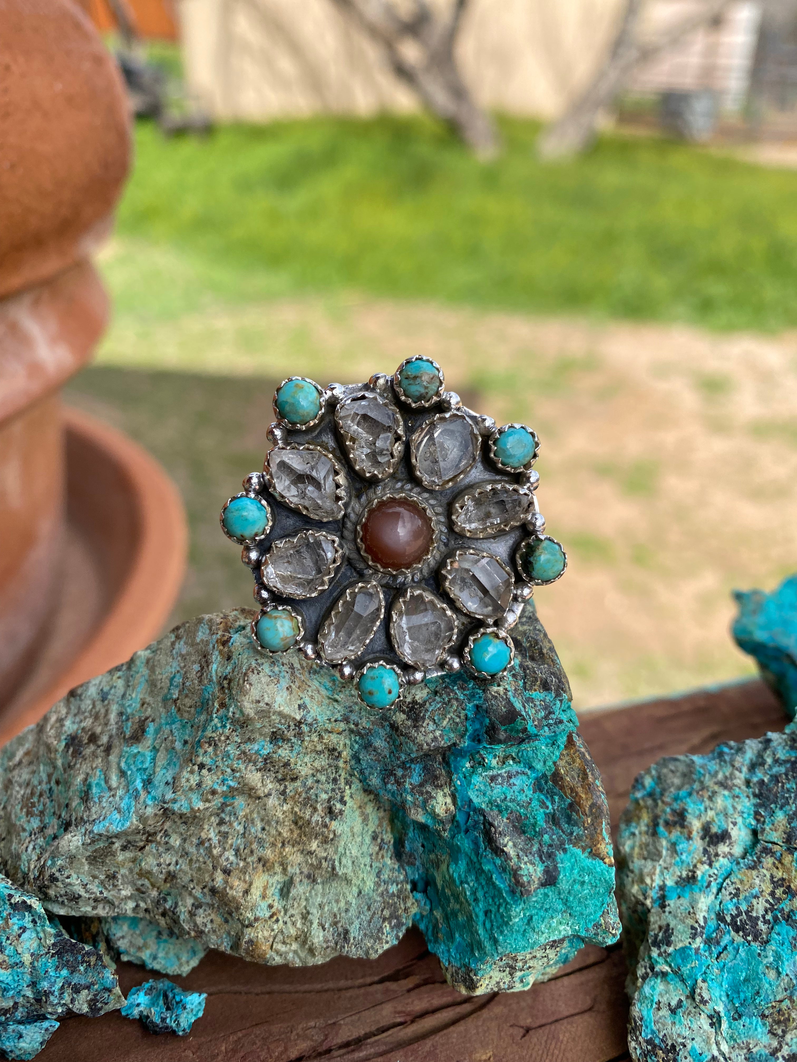 Handmade Garnet Sterling Silver, Turquoise & Herkimer Diamond Cluster Adjustable Ring