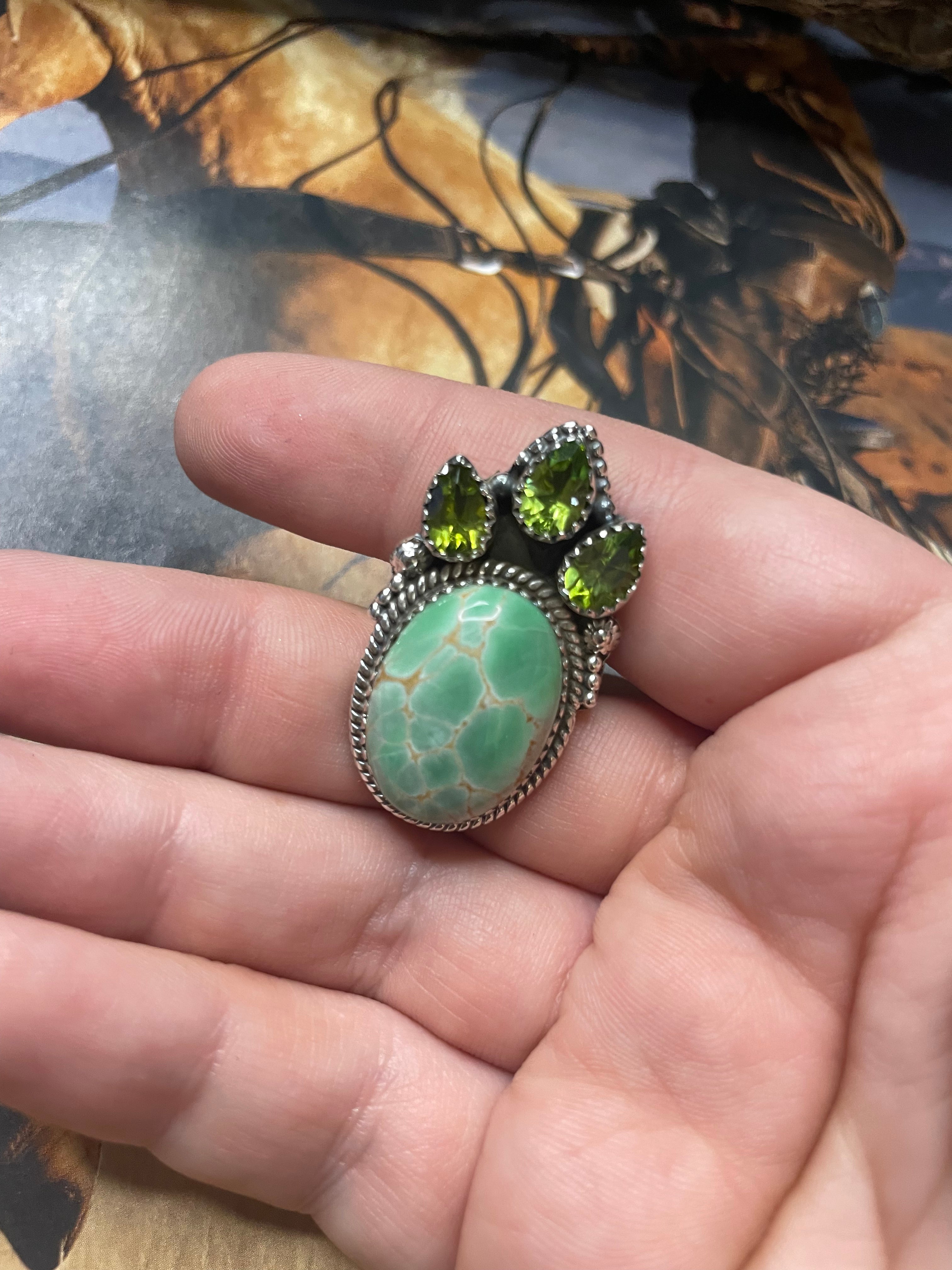 Handmade Variscite & Peridot Adjustable Ring