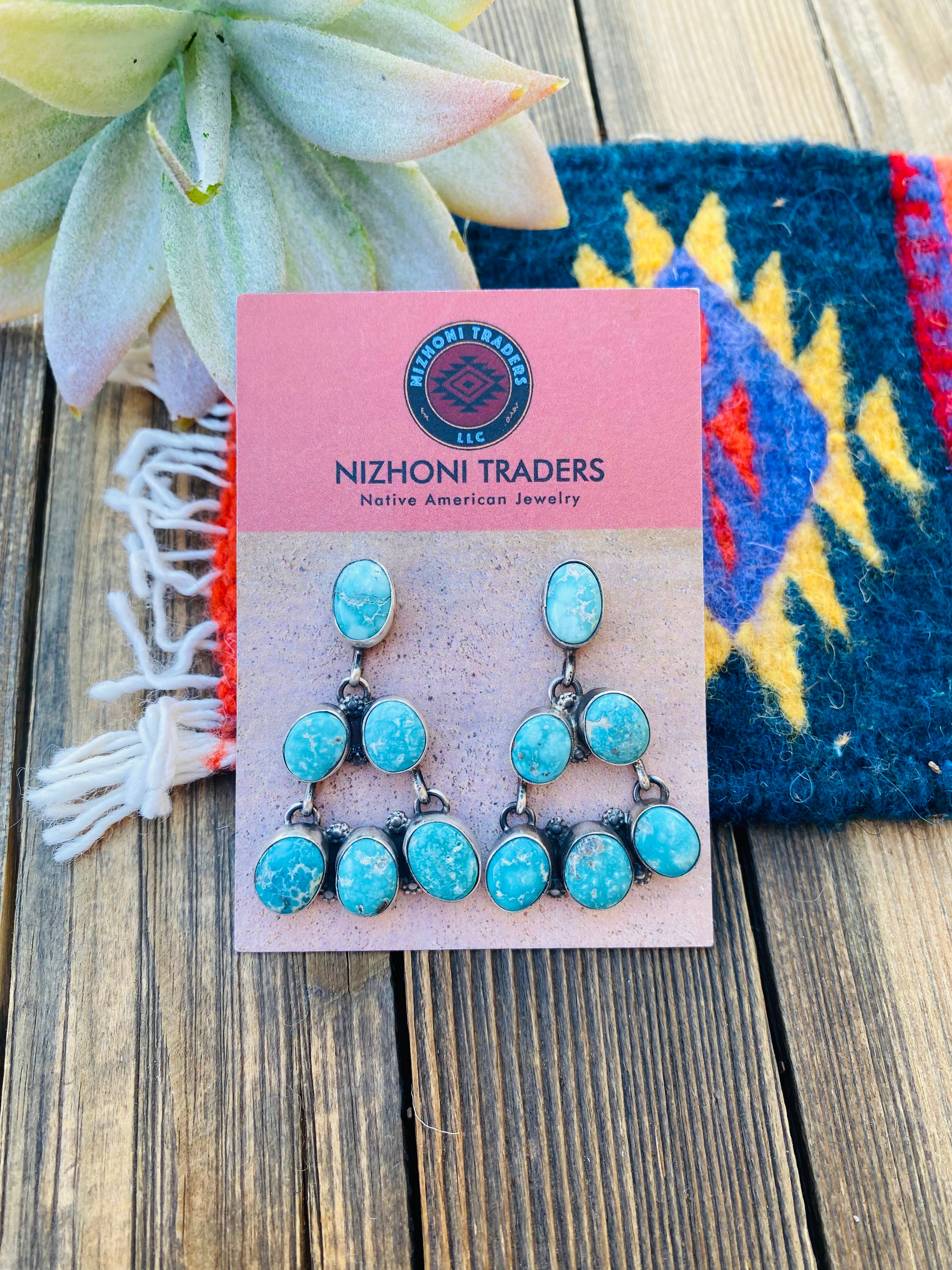 Navajo Turquoise & Sterling Silver Cluster Dangle Earrings