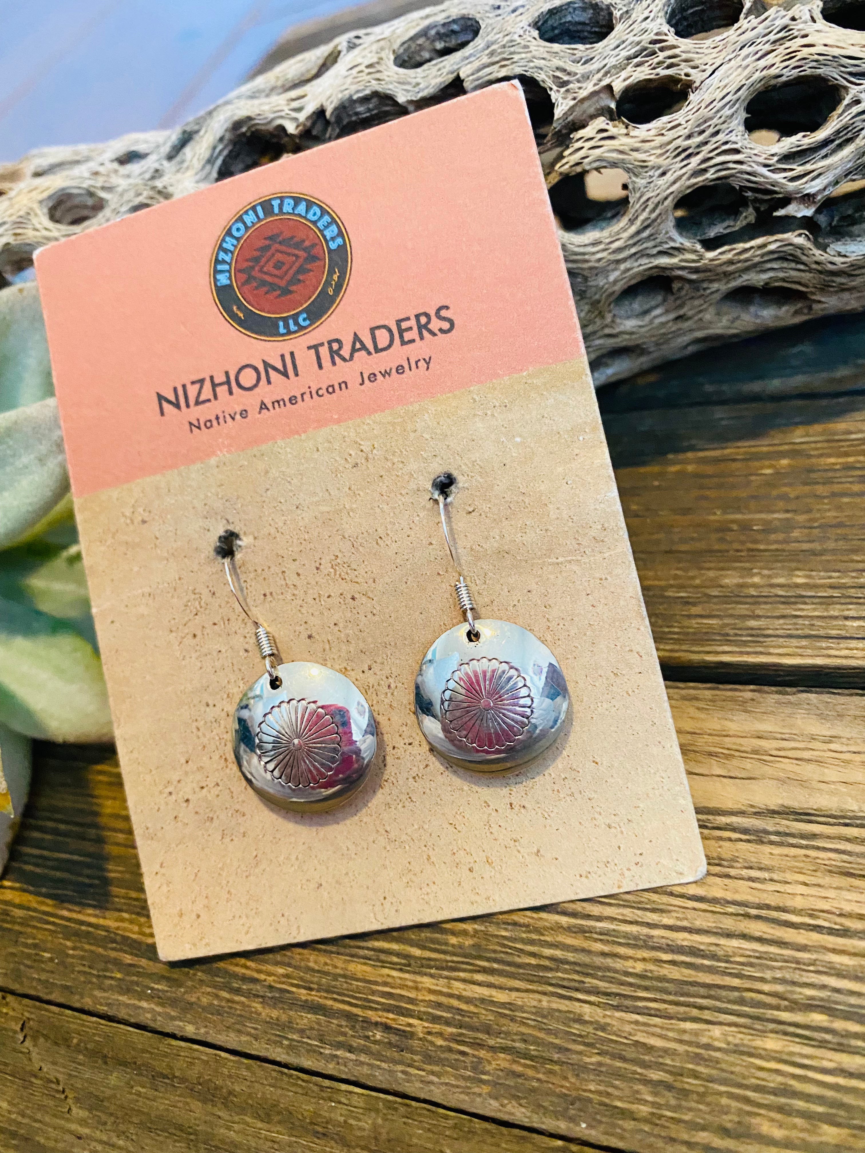 Navajo Hand Stamped Sterling Silver Concho Dangle Earrings